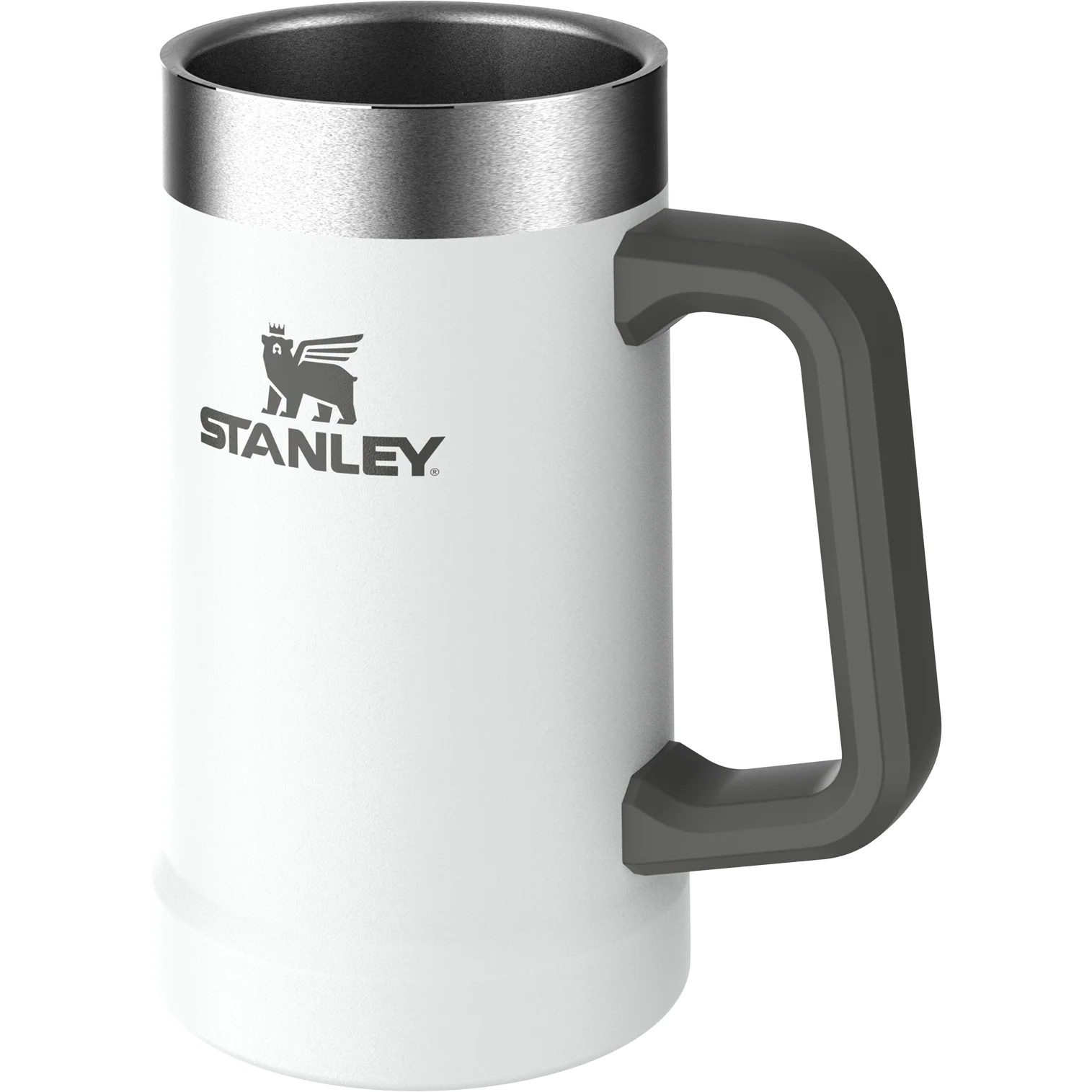 Gri saplı ve gümüş kenarlı beyaz bir Stanley kupa. Üzerinde logo basılıdır.