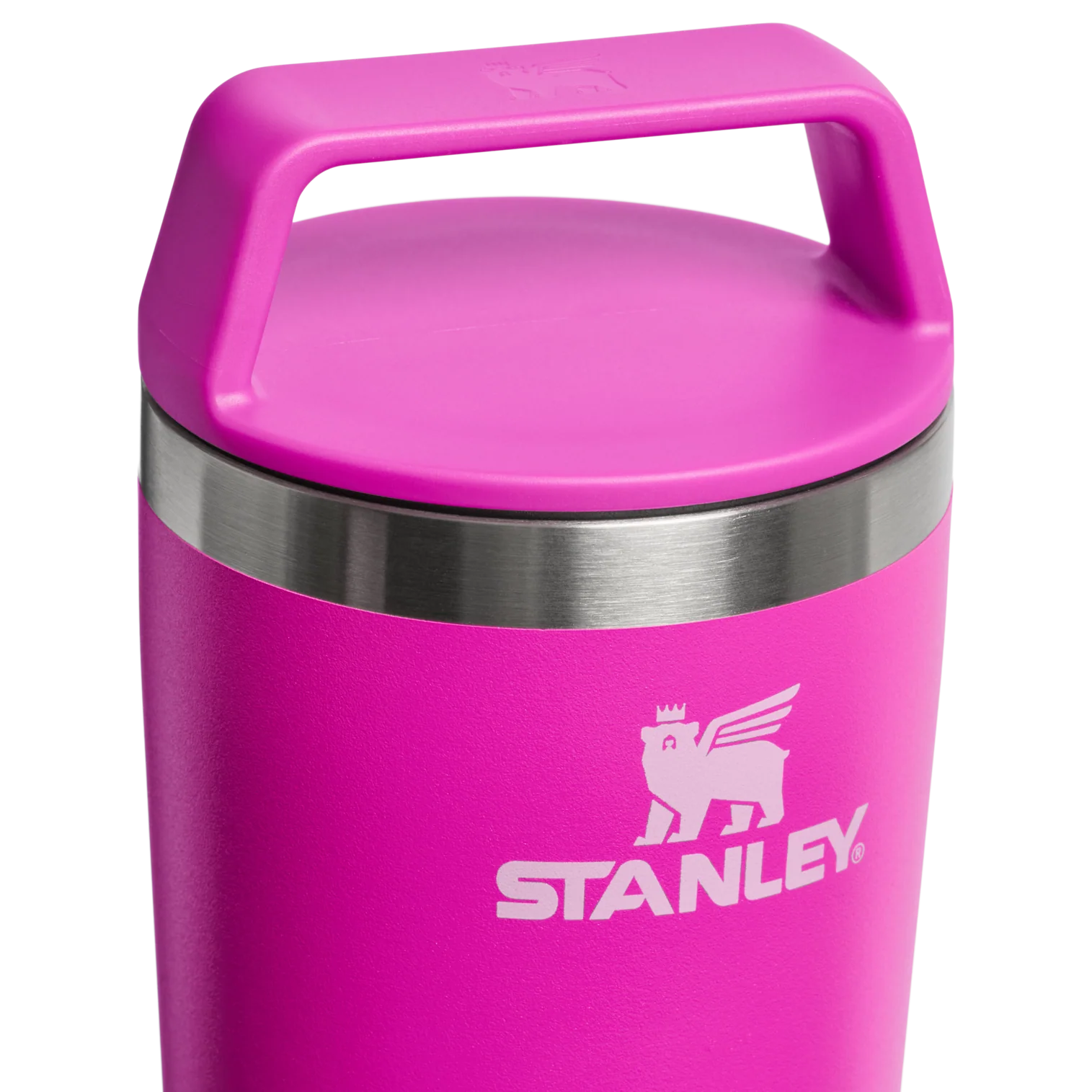 Gümüş bantlı ve pembe taşıma saplı pembe Stanley kupa.