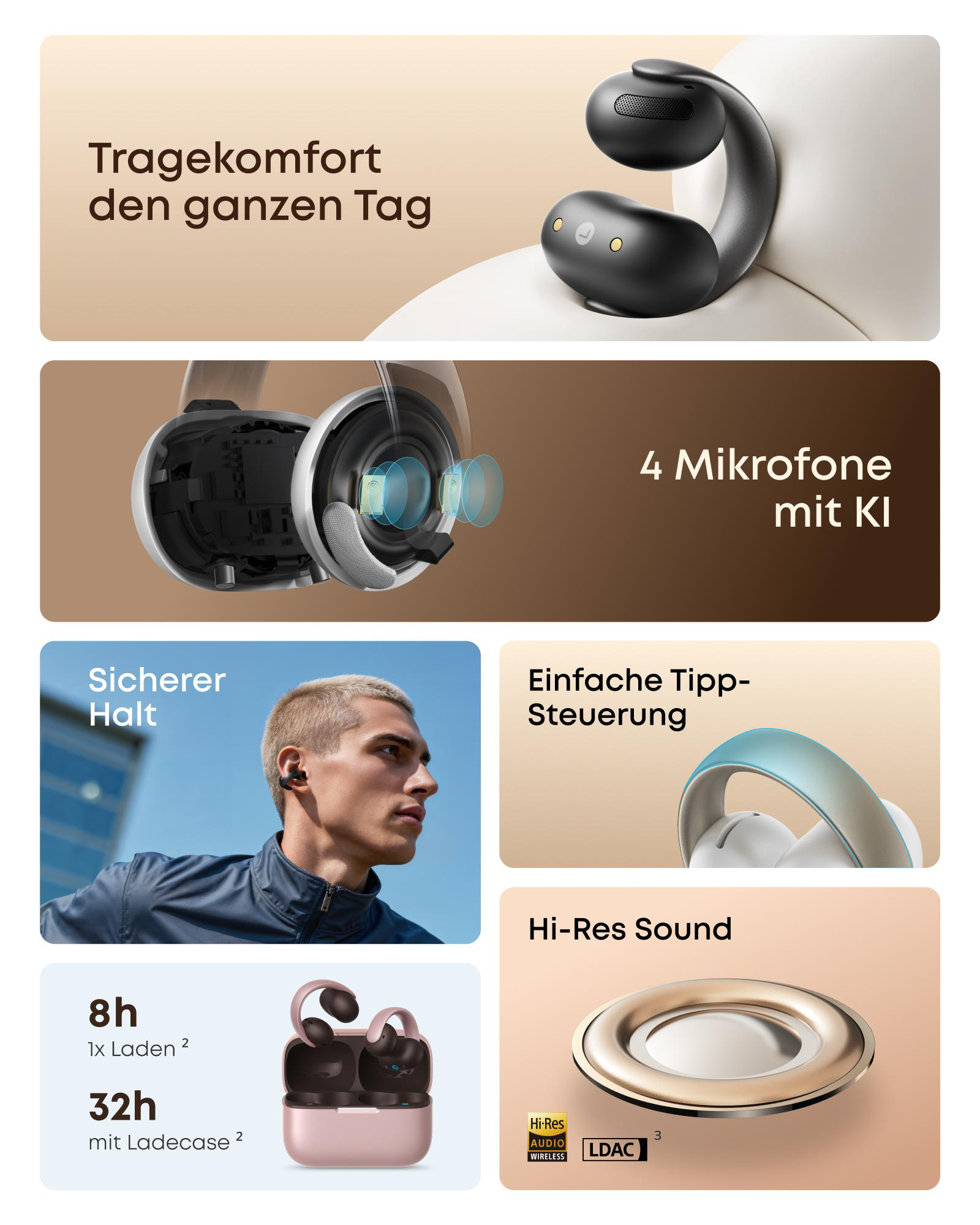 Kopfhörer-Features: Tragekomfort, 4 Mikrofone, sicherer Halt, Tippsteuerung, Hi-Res Sound, Akkulaufzeit.