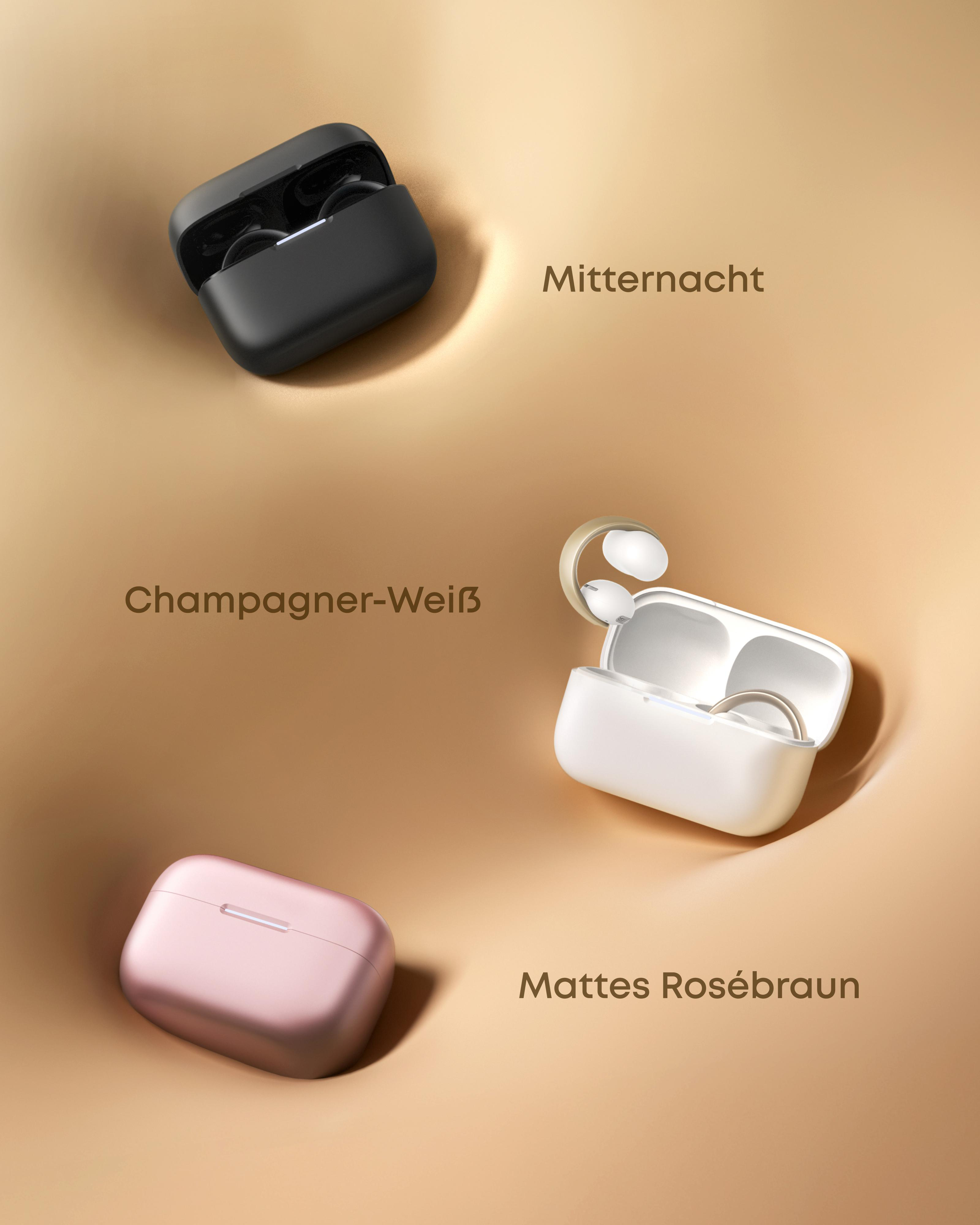 Drei Kopfhörer-Ladeetuis in Schwarz, Weiß und Rosa auf beigefarbenem Hintergrund.