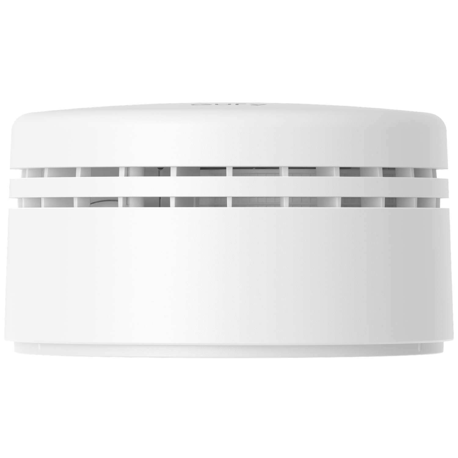 A white smoke detector with ventilation slots on the upper part.