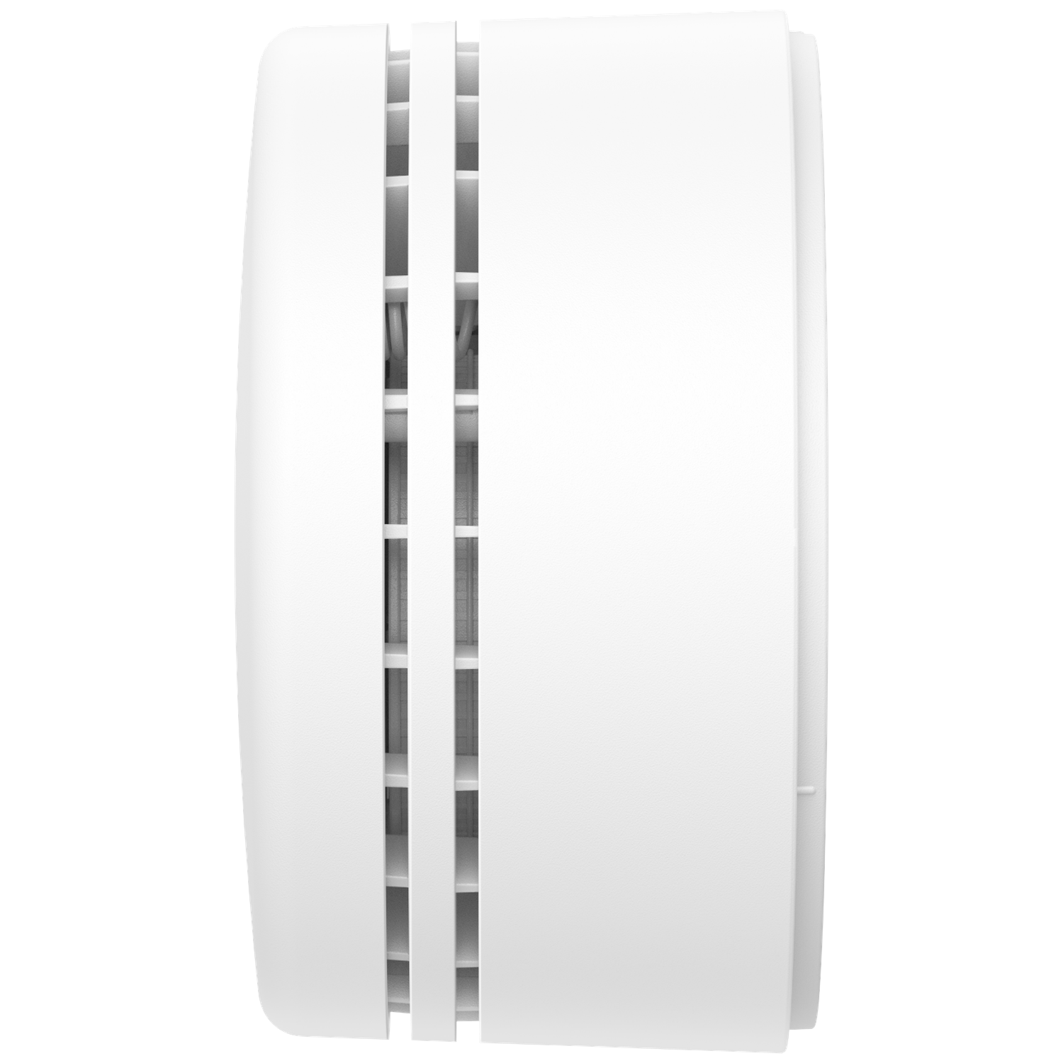 A white smoke detector with ventilation slots on the left side.