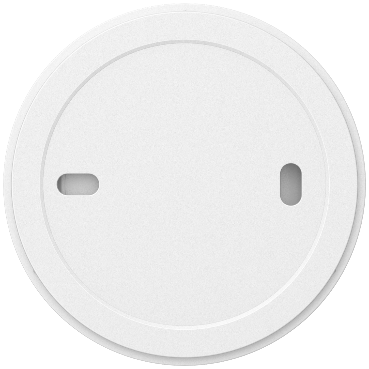 A white, round cover with two narrow slots, centered on a black background.