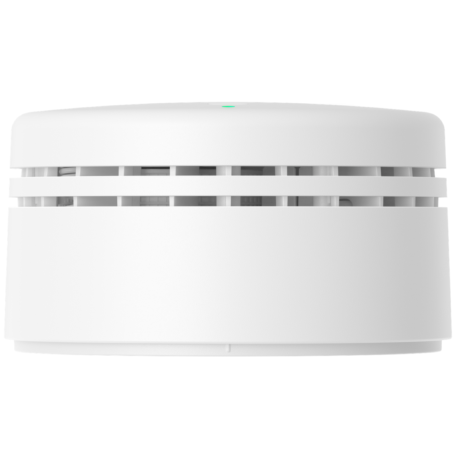 A white smoke detector with a green light on top.