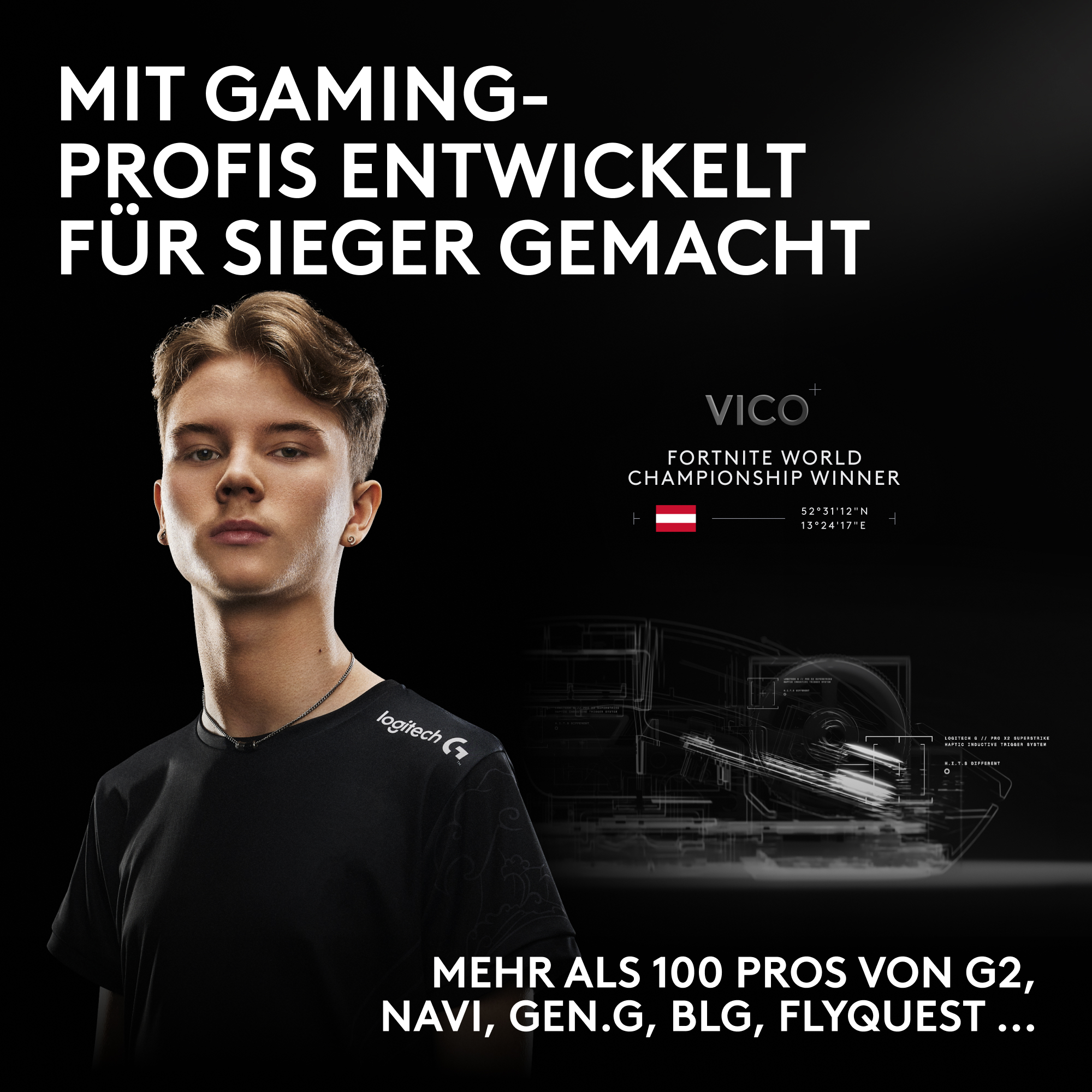 Ein junger Mann mit Logitech-Kleidung, ein Fortnite-Weltmeister, mit Text und technischen Grafiken.