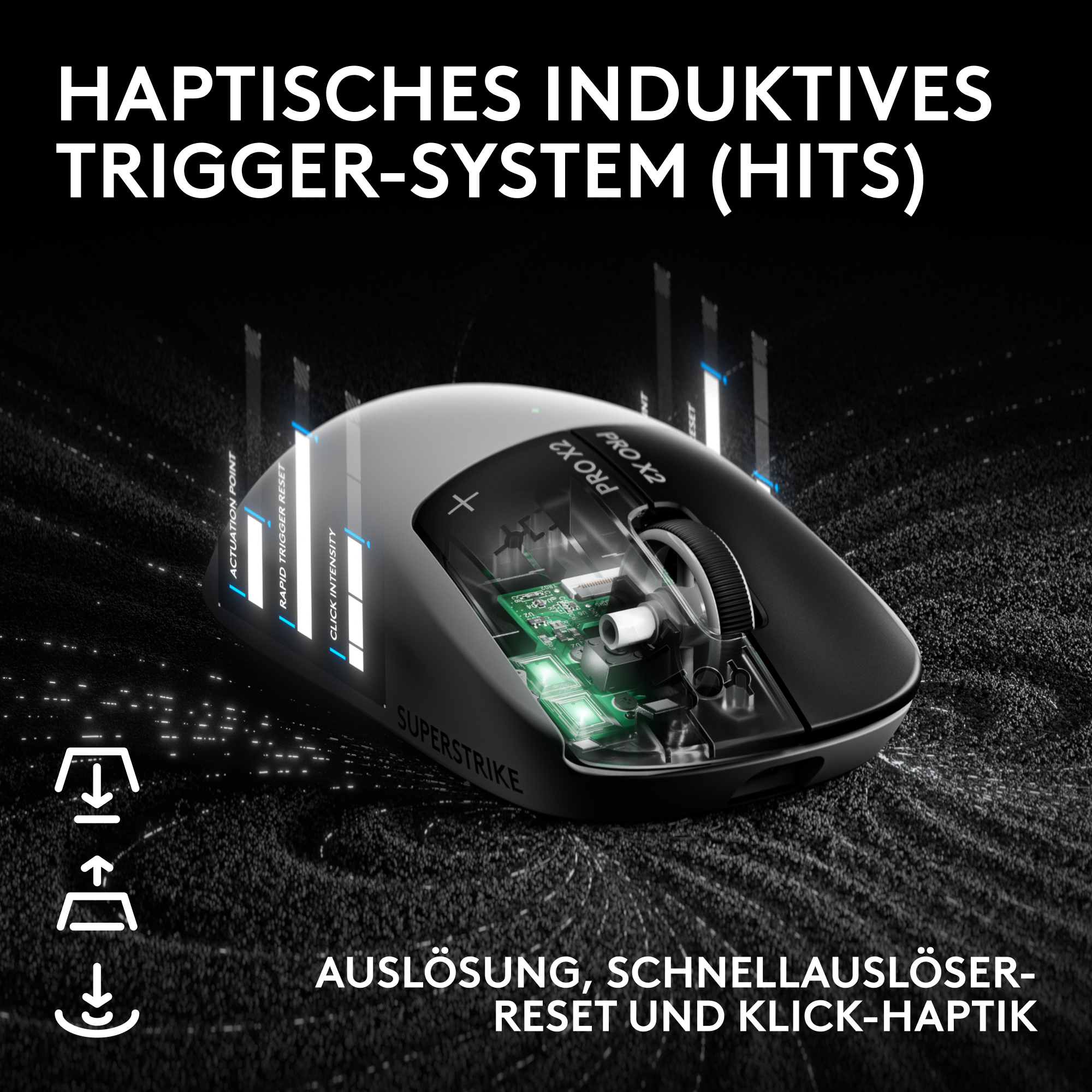 Gaming-Maus mit Einblick ins Innere, beleuchtete Platine, Text über HITS.