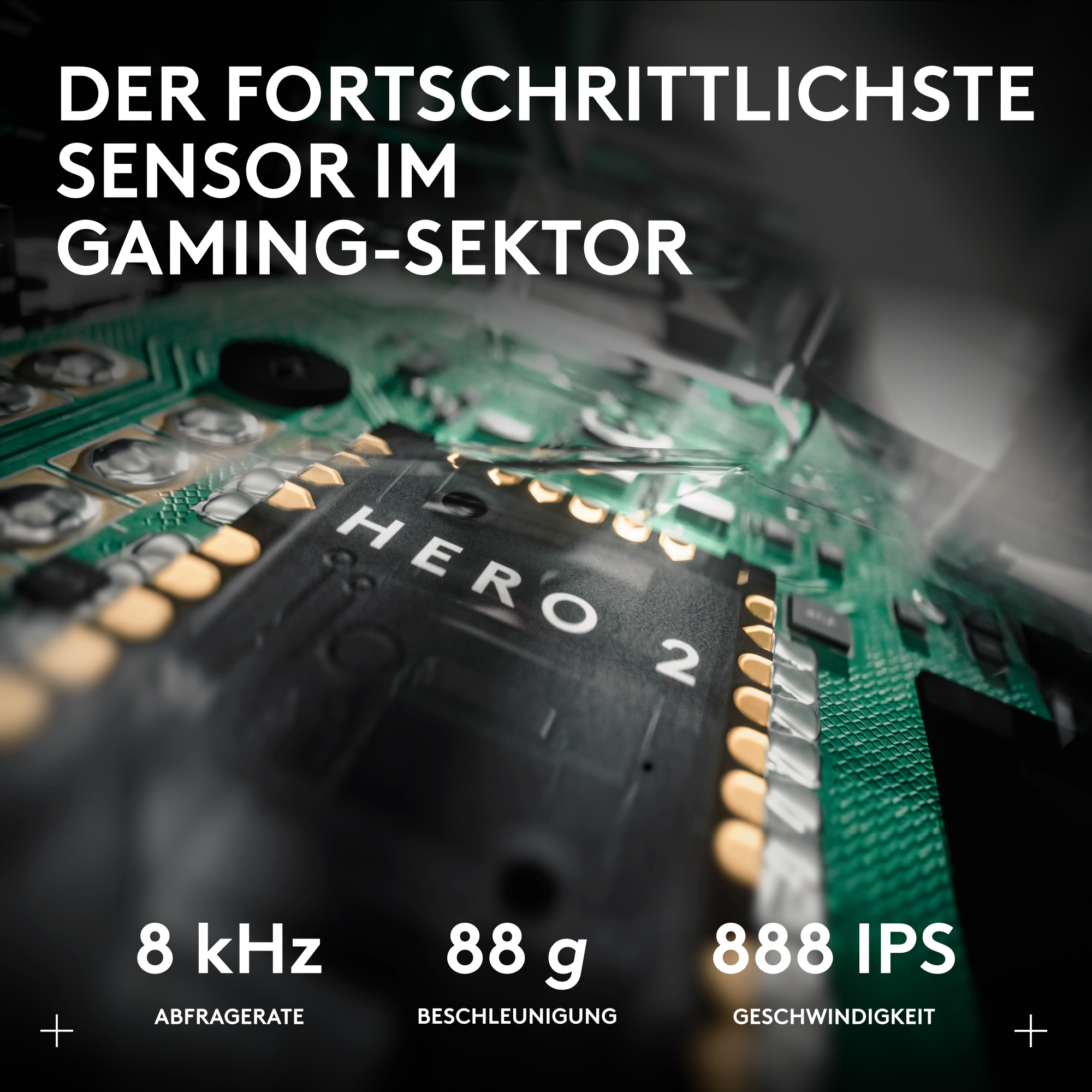 Nahaufnahme einer grünen Leiterplatte mit dem Text "HERO 2" und technischen Daten.
