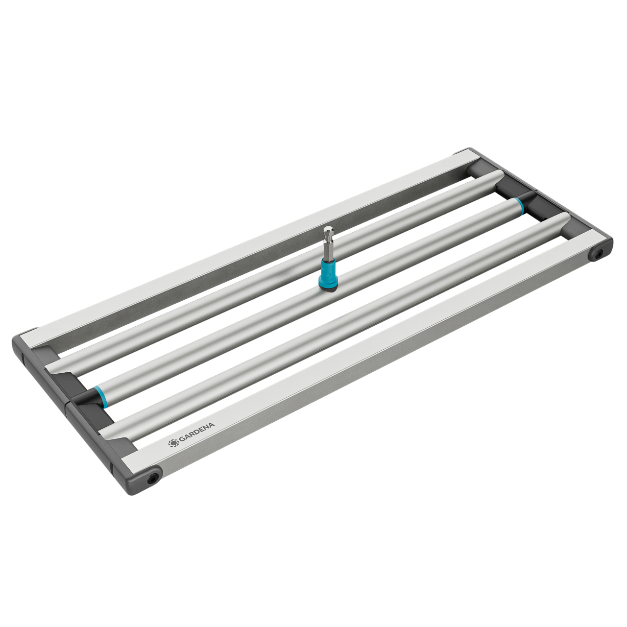 Grauer Rahmen mit vier silbernen Stangen und einem blauen Bit-Halter.