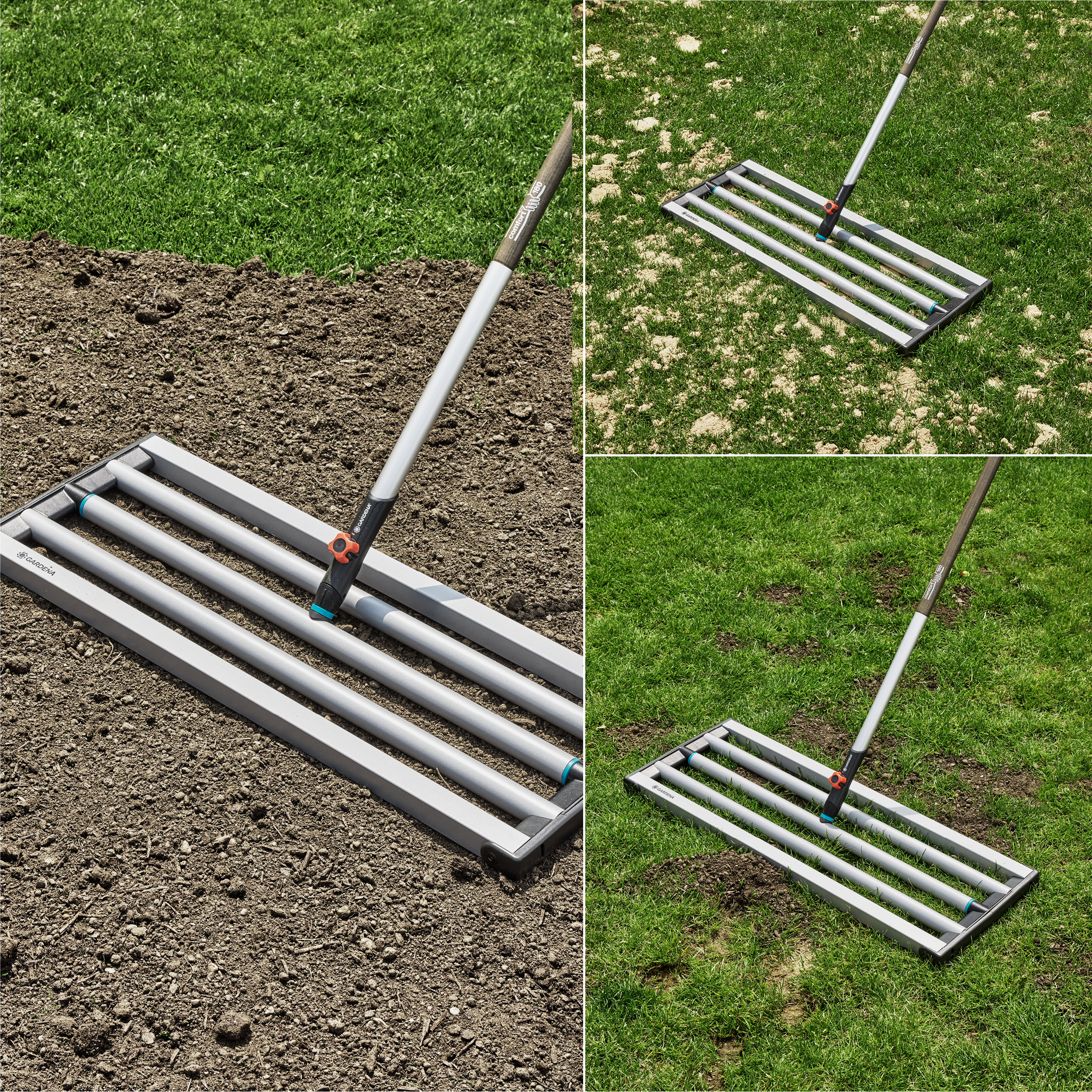 Ein Gartenrechen mit langem Stiel wird auf Erde und Gras gezeigt.
