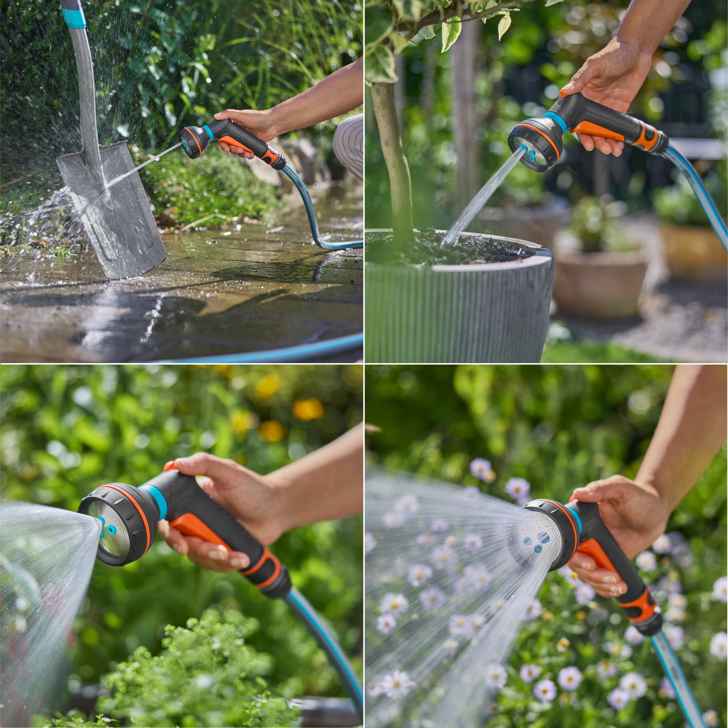 Gartenschlauch-Düse spritzt Wasser auf Schaufel, Pflanze und Blumen.