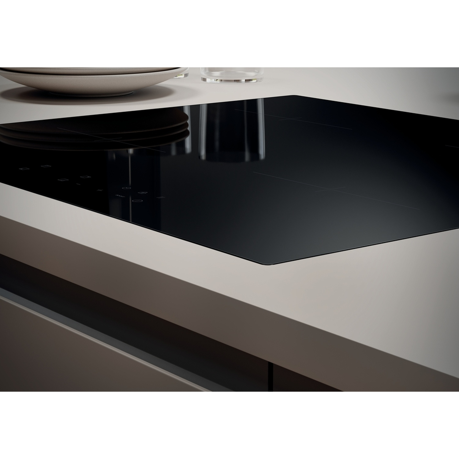 Un piano cottura a induzione moderno con superficie in vetro nero e comandi touch.