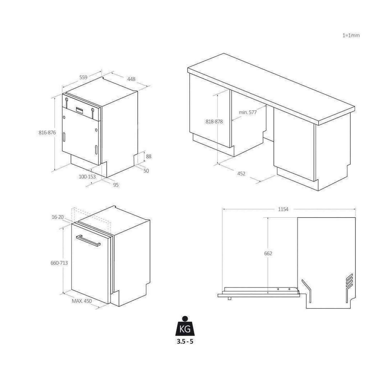 Disegni tecnici di una lavastoviglie e pensili da cucina con dimensioni.
