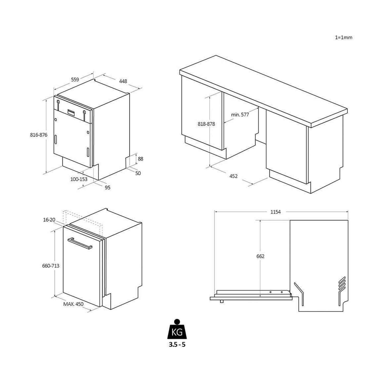 Disegno tecnico di una lavastoviglie con dimensioni.
