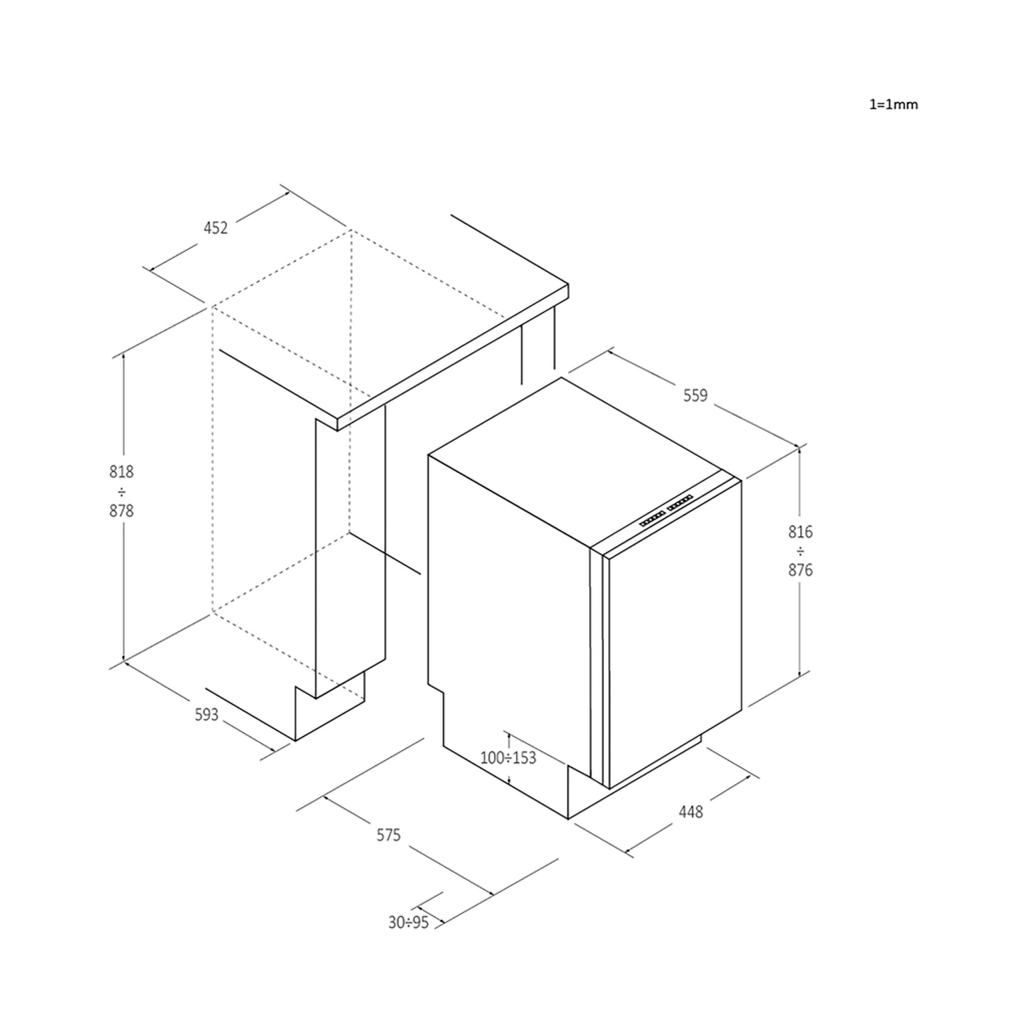 Disegno tecnico di una lavastoviglie con dimensioni.