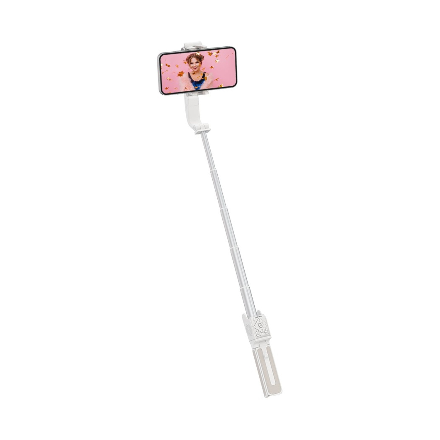 Un selfie stick retrattile che tiene uno smartphone con una persona sorridente.