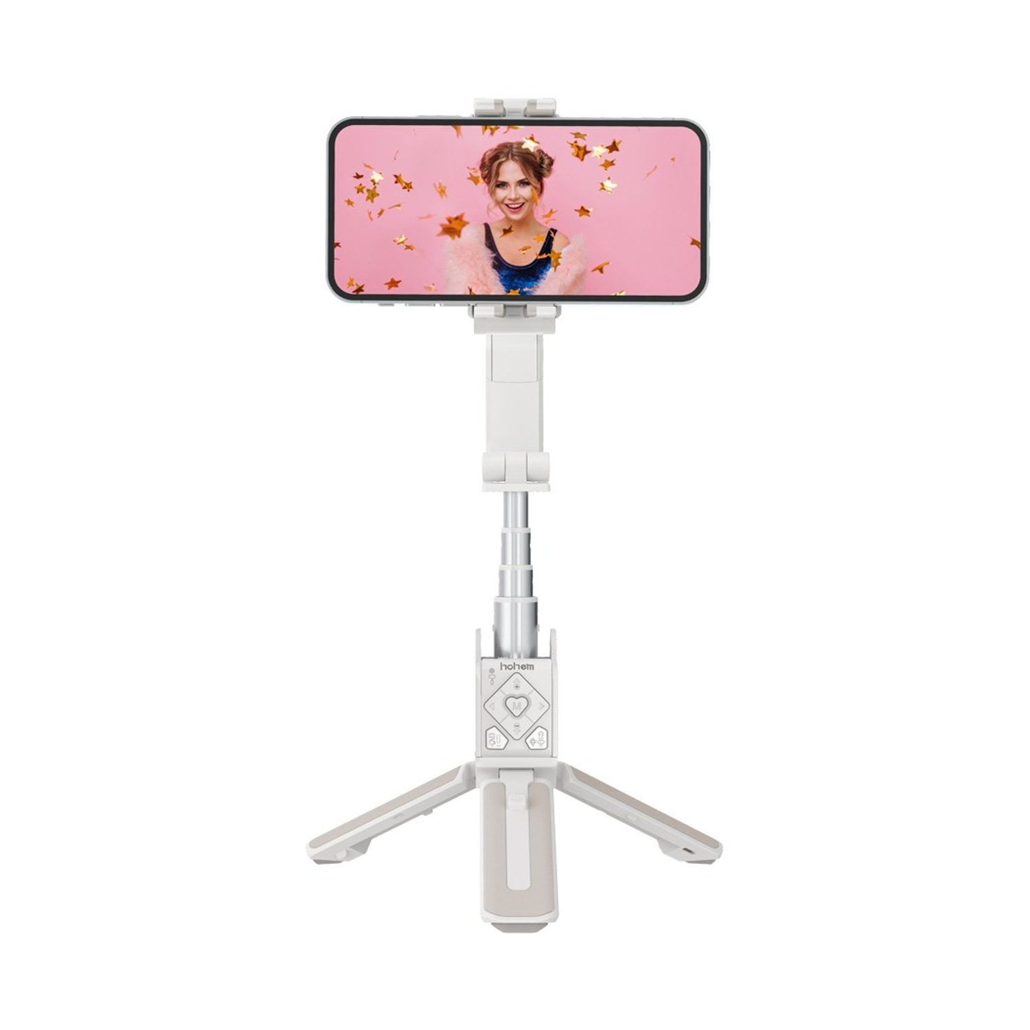 Un selfie stick bianco con telefono che mostra una donna sorridente.