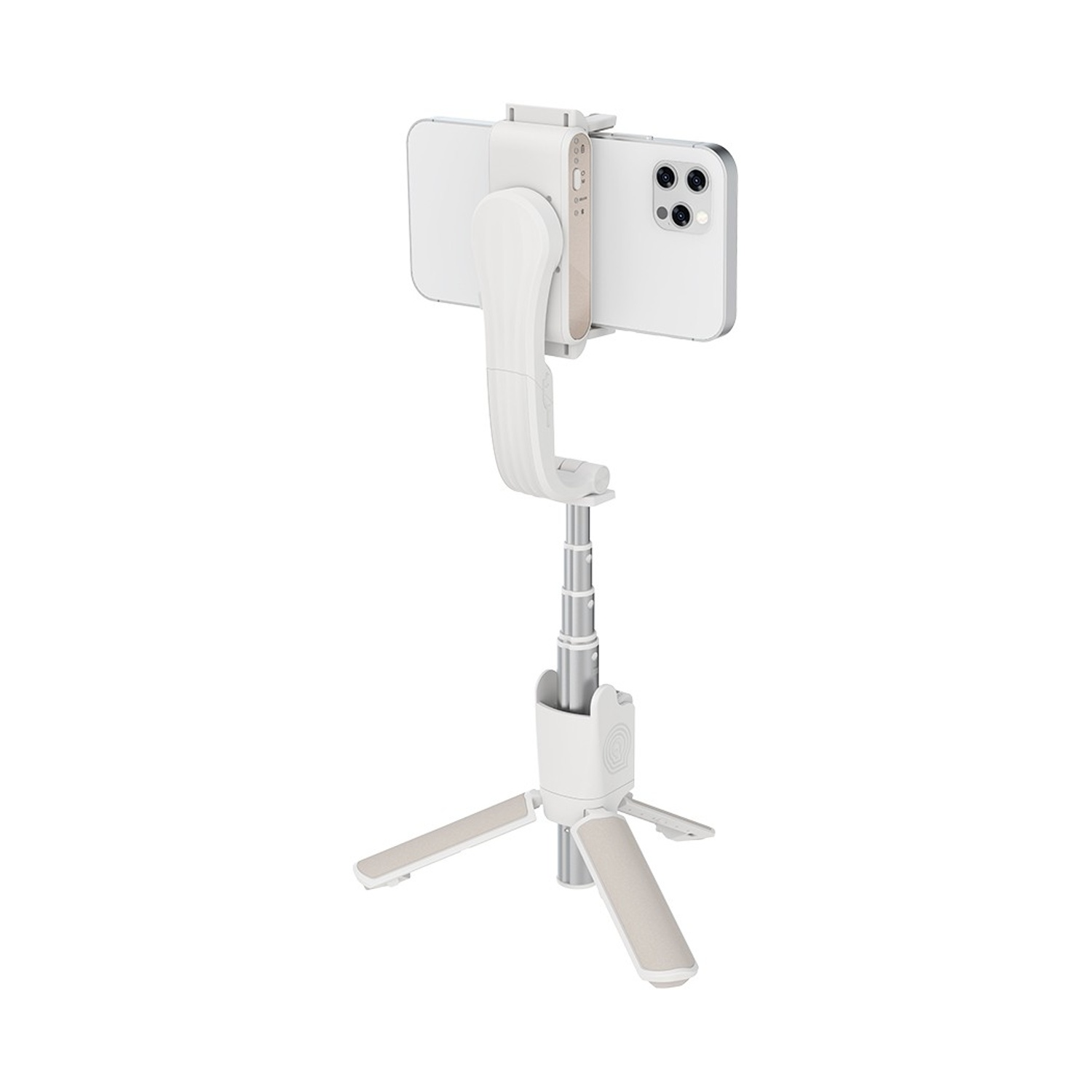 Un treppiede gimbal bianco con uno smartphone attaccato in orientamento verticale.