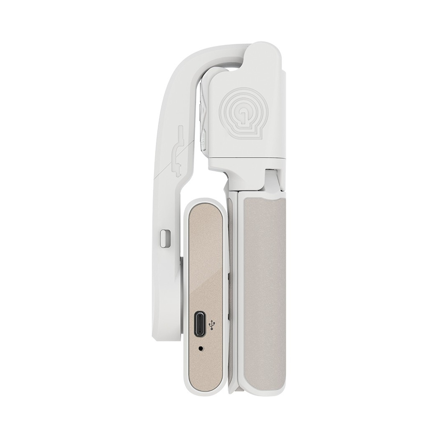 Un selfie stick bianco piegato con manico dorato e porta USB.