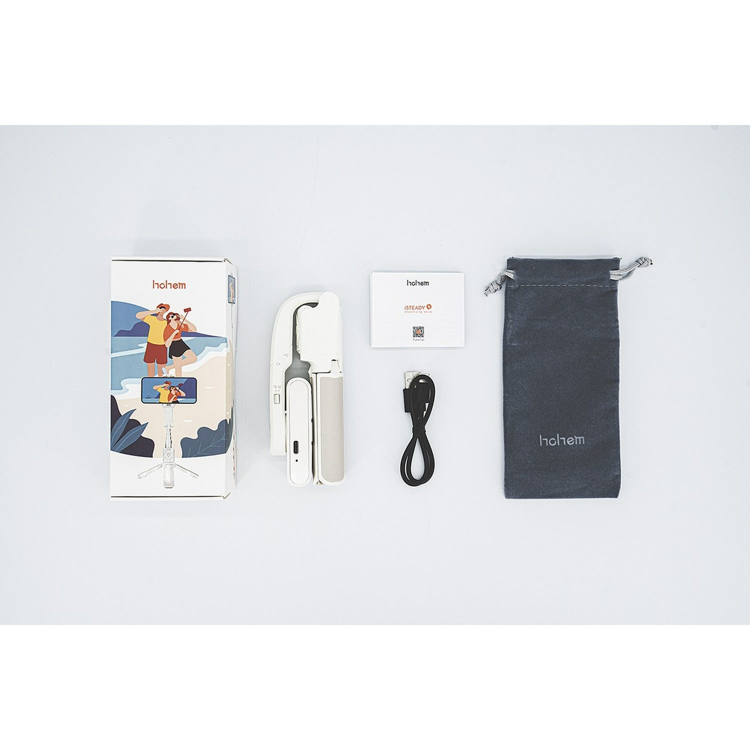 Set gimbal Hohem con confezione, cavo, custodia e manuale su sfondo bianco.