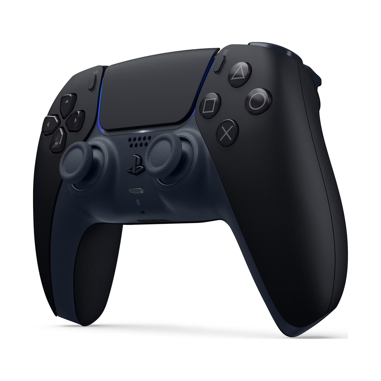 Controller nero con accenti blu su sfondo bianco.