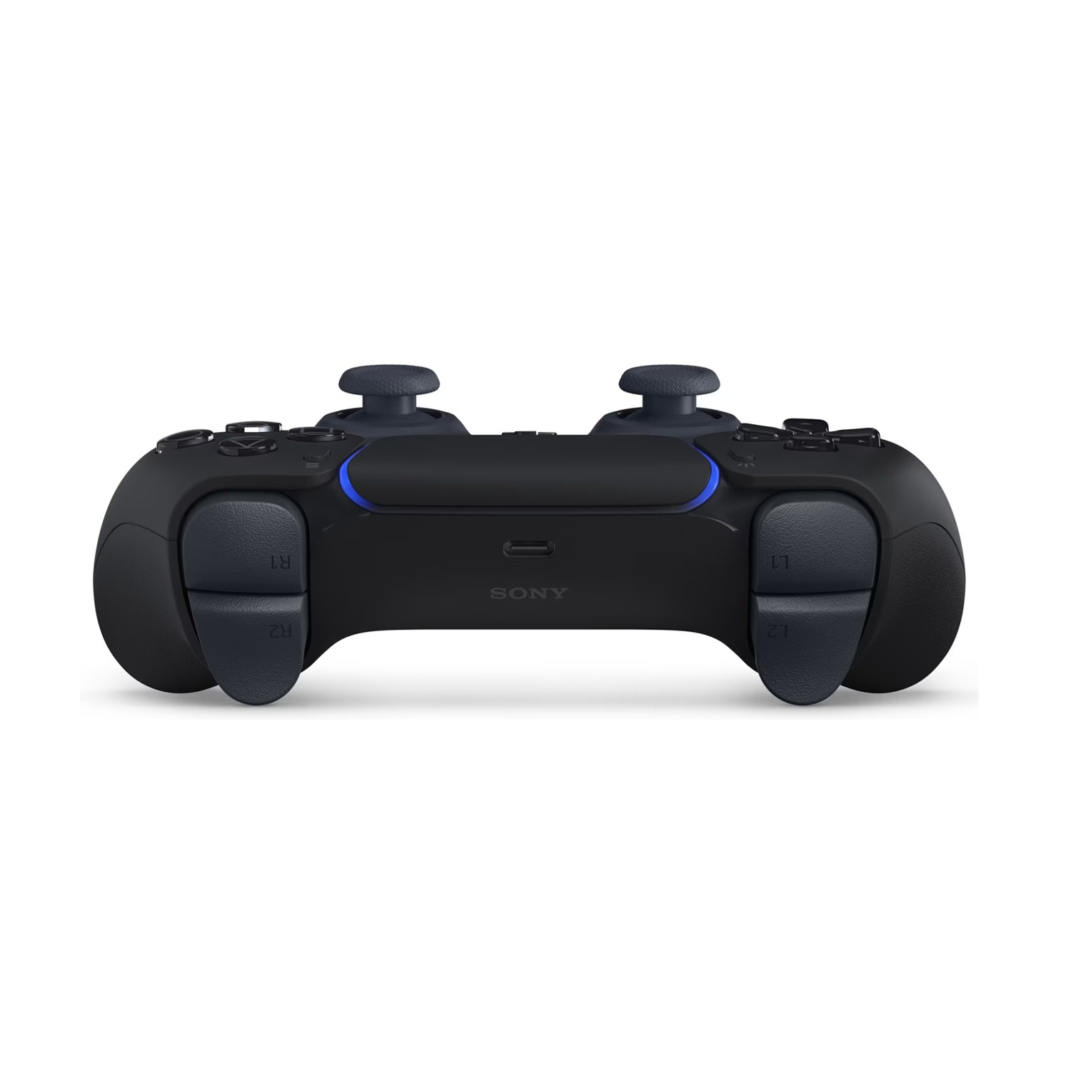 Un controller nero PlayStation 5 con accenti blu e joystick.