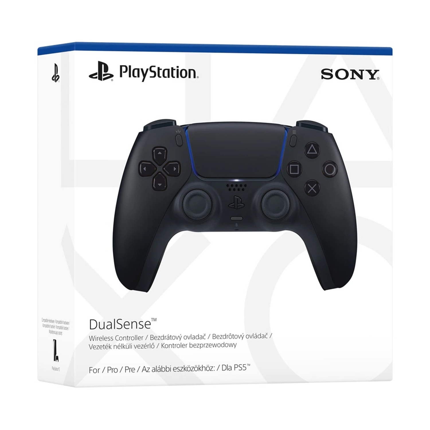 Controller nero PlayStation DualSense in scatola con logo Sony.