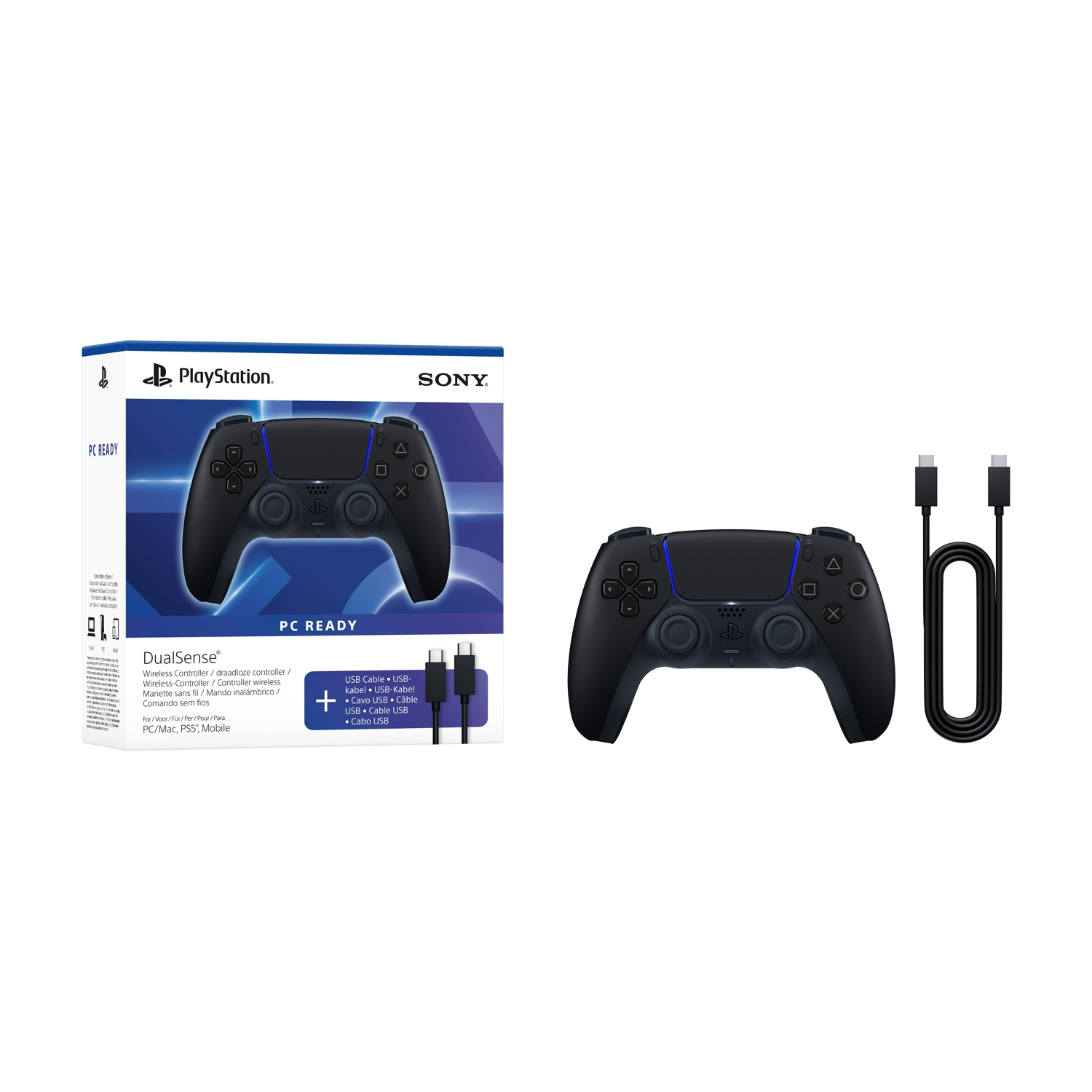 Controller PlayStation DualSense nero con cavo USB e confezione.
