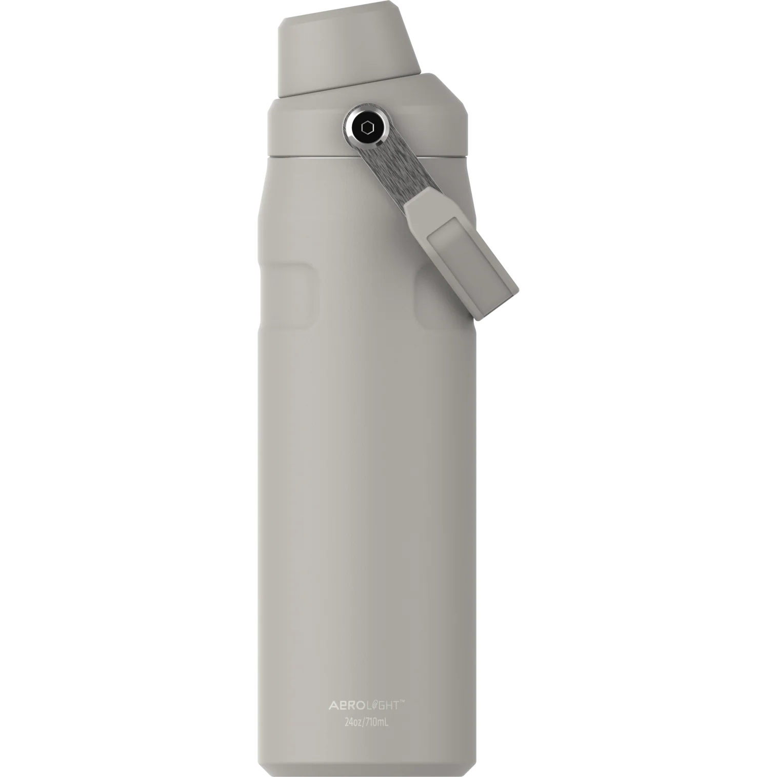 Kulplu ve gümüş kapaklı gri su şişesi. Metin: AEROLIGHT 24oz/710mL.