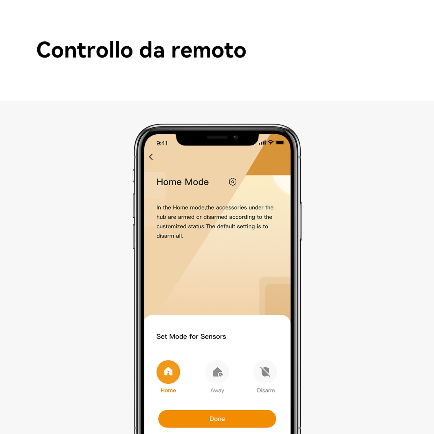 Uno smartphone mostra un'app con "Home Mode" e opzioni sensori.