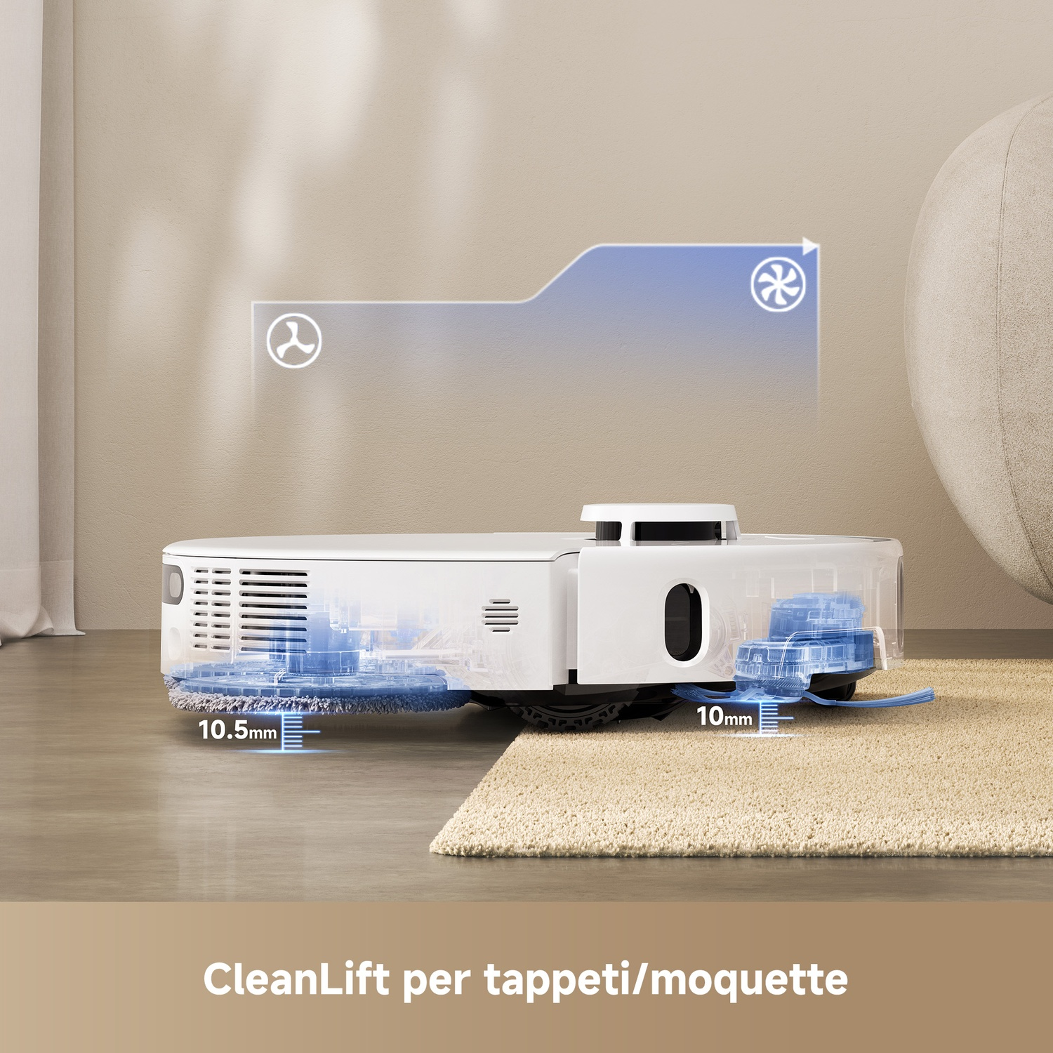 Un robot aspirapolvere bianco su tappeto, che evidenzia il sollevamento del pavimento di 10,5 mm.