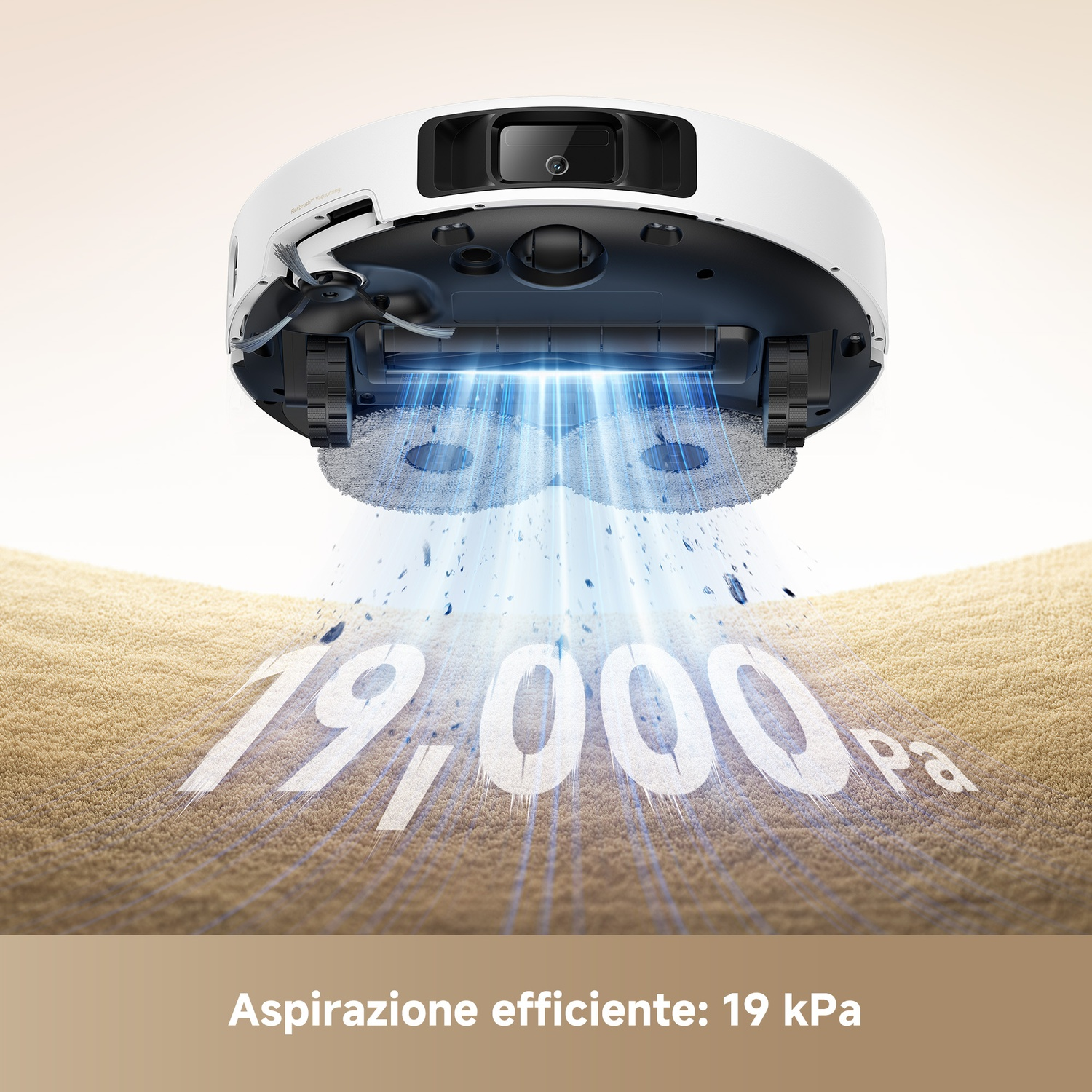Un robot aspirapolvere aspira sabbia, mostrando 19.000 Pa.