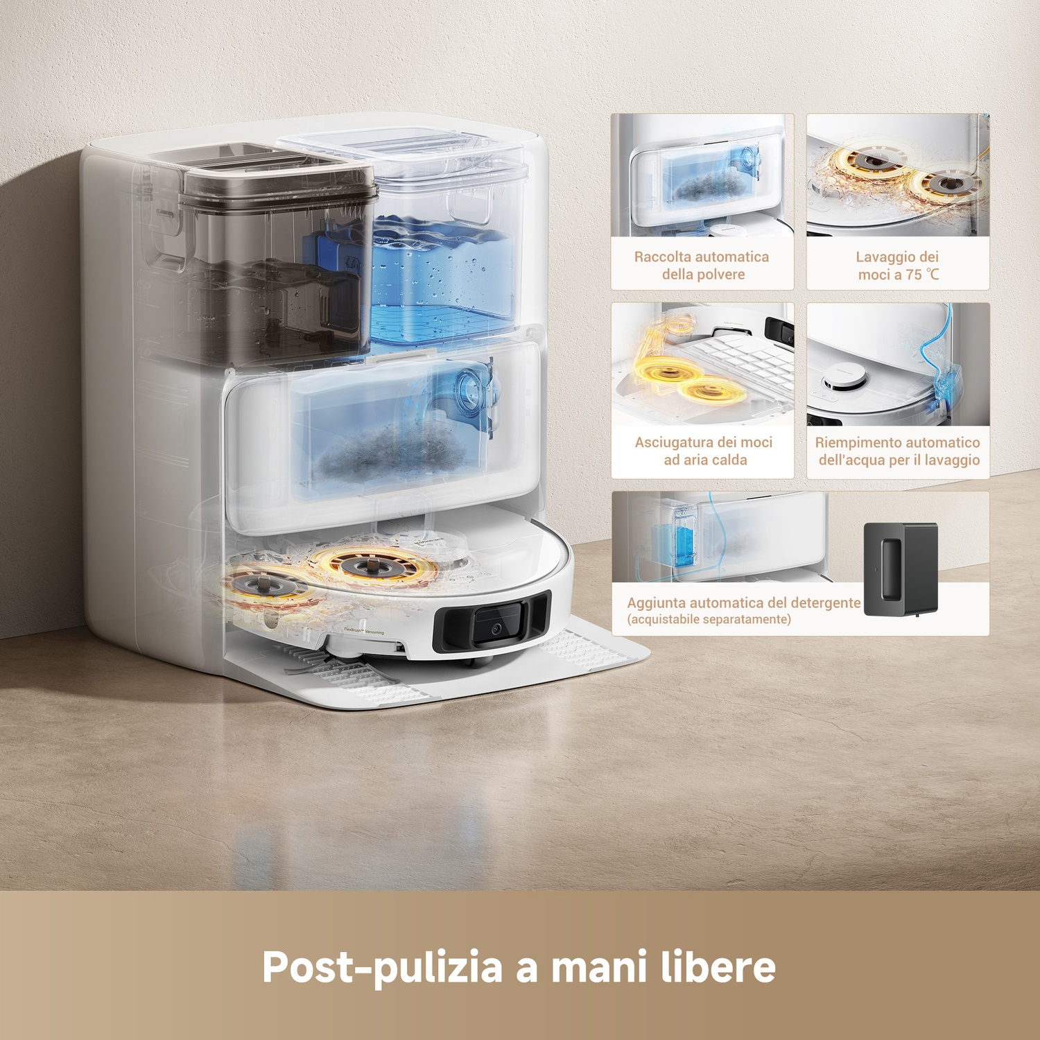 Robot aspirapolvere con base che raccoglie polvere, lava/asciuga mop, riempie acqua/detergente.