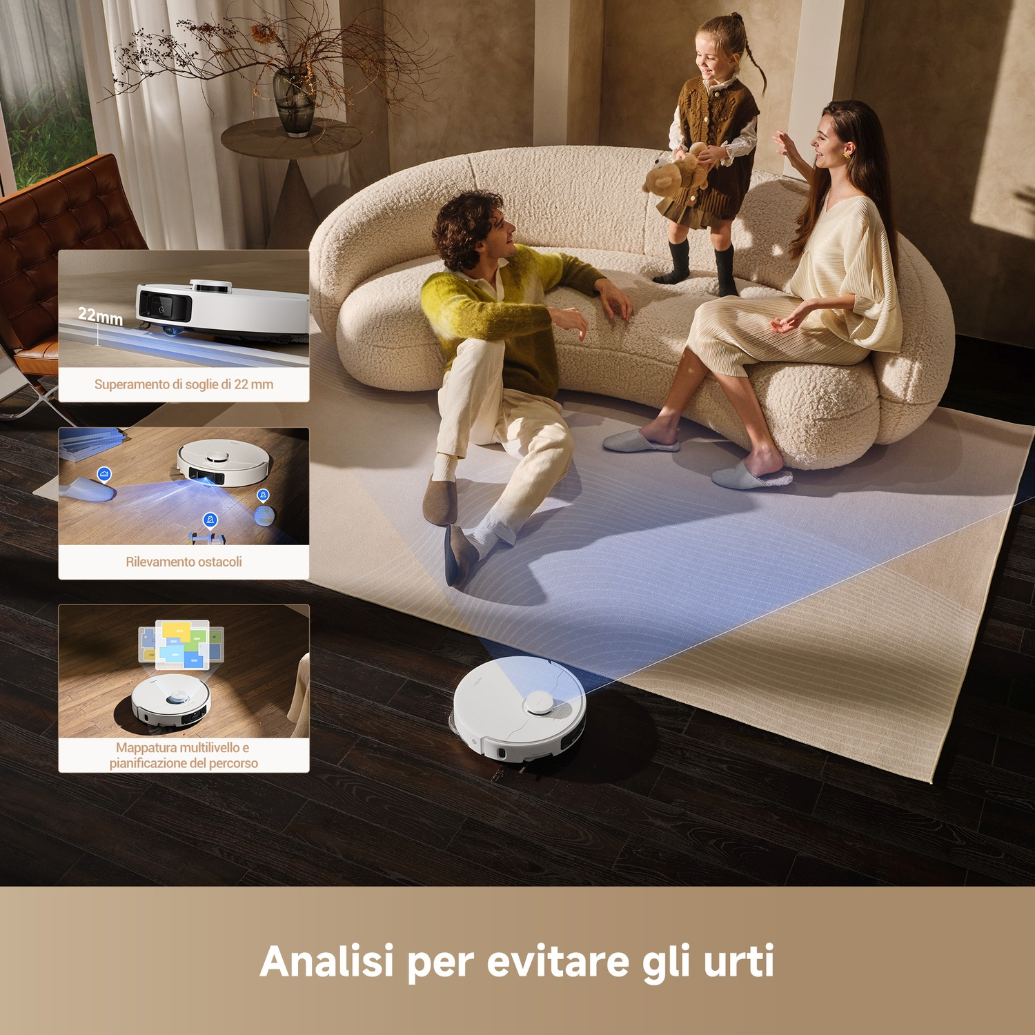 Robot aspirapolvere sul pavimento, famiglia sul divano. Inseriti: 22mm, rilevamento ostacoli, mappatura.
