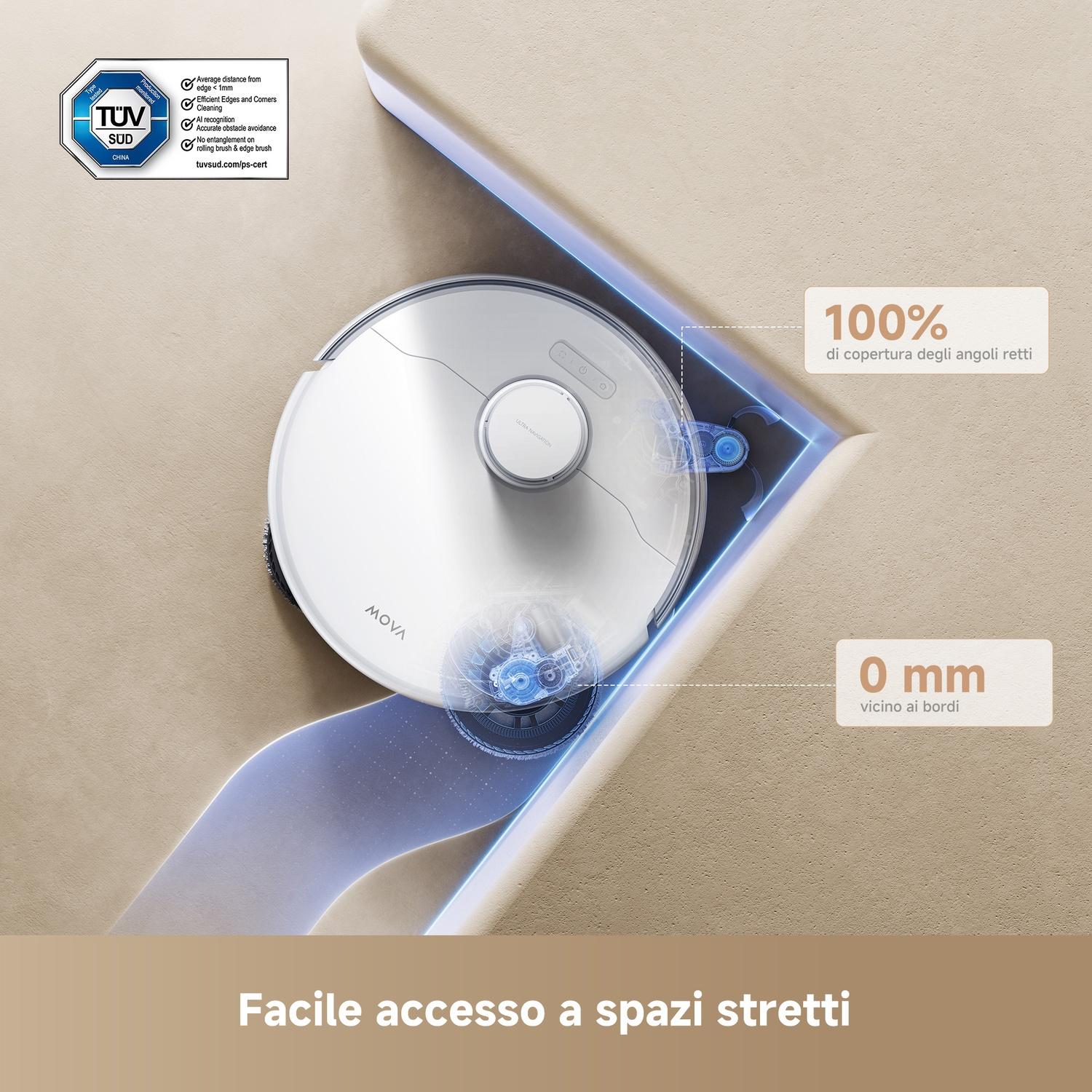 Un robot aspirapolvere bianco pulisce bordi e angoli a 0 mm.
