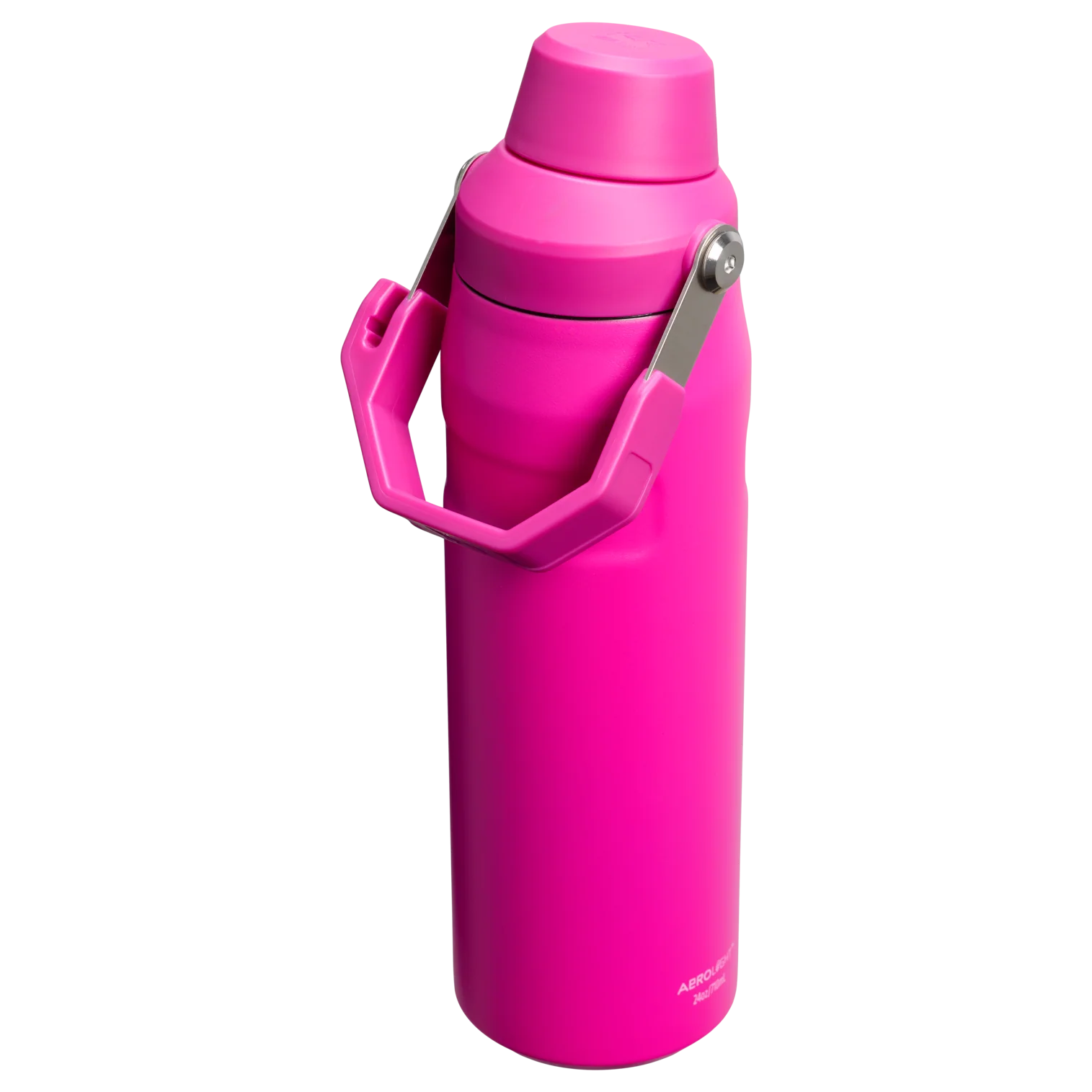 Gümüş saplı ve kapaklı parlak pembe su şişesi.