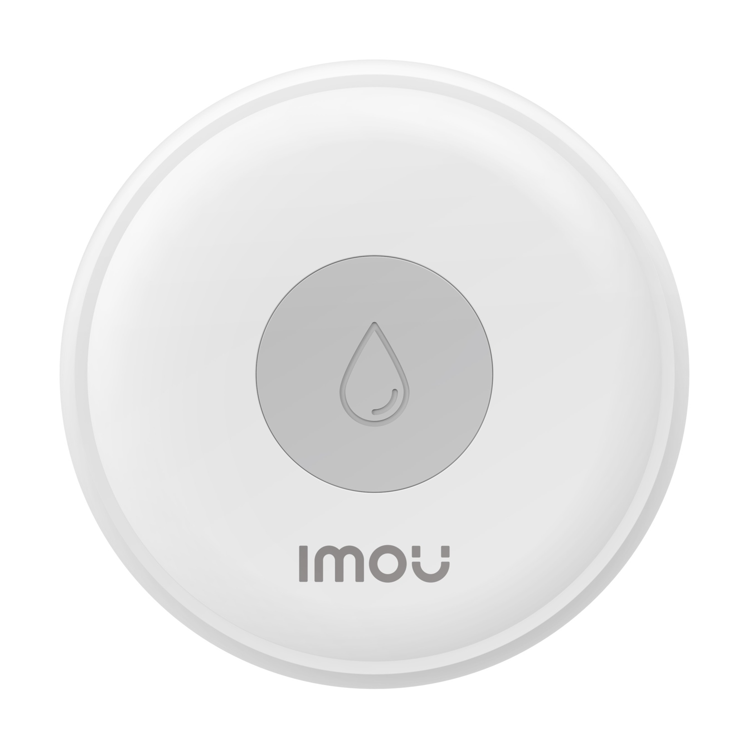 Un sensore rotondo bianco con un'icona a goccia grigia e il logo IMOU.
