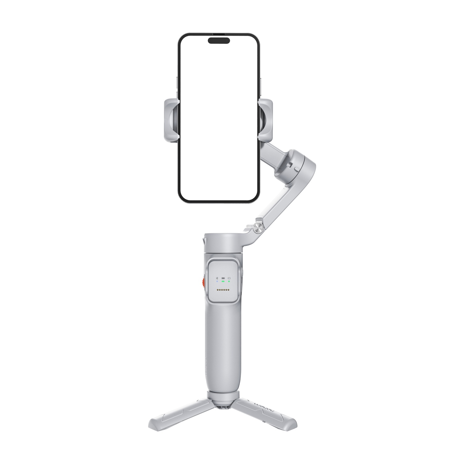 Un gimbal argentato per smartphone con uno smartphone bianco su un piccolo treppiede.