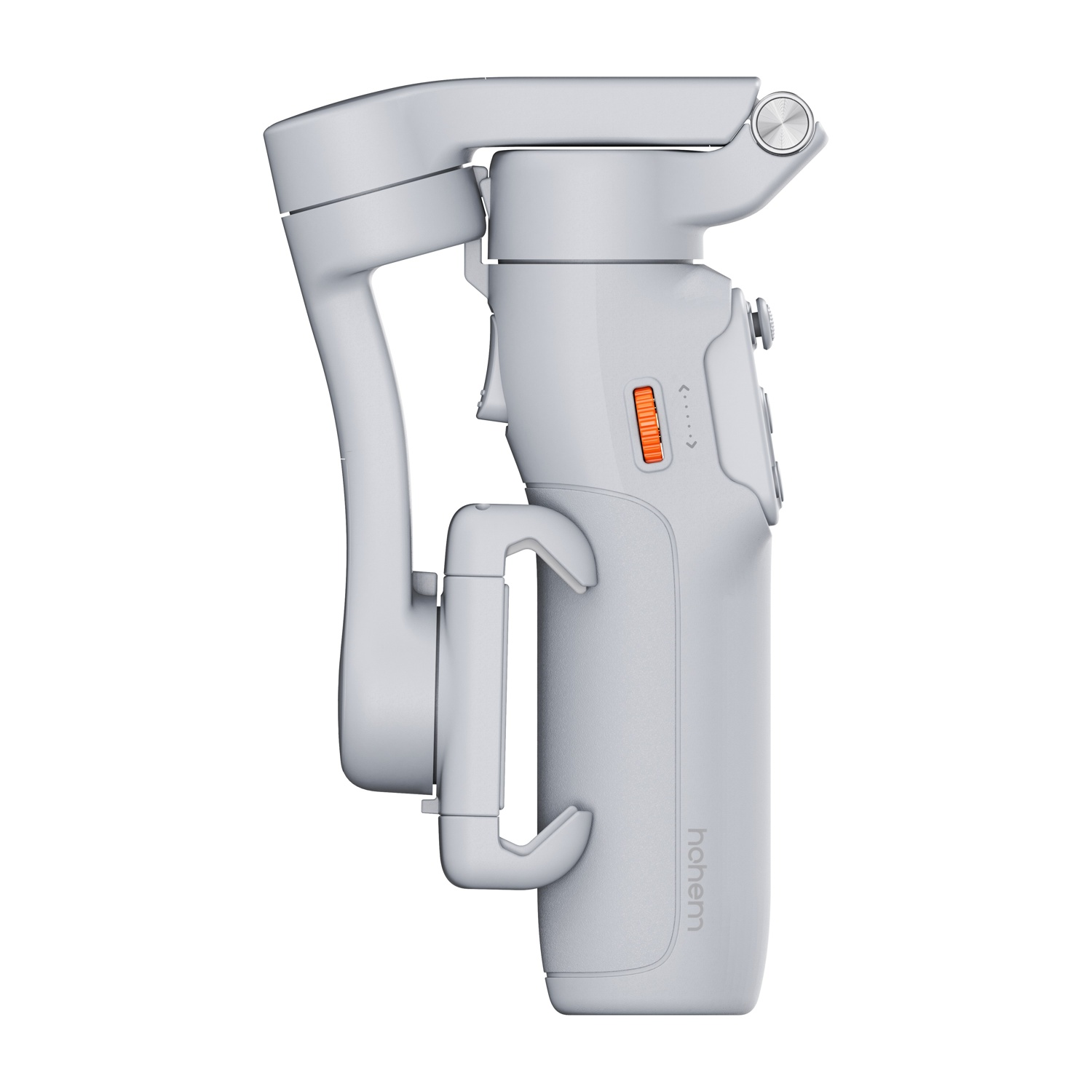 Un gimbal bianco con manico, pulsanti e rotella. Logo 'hohem' visibile.