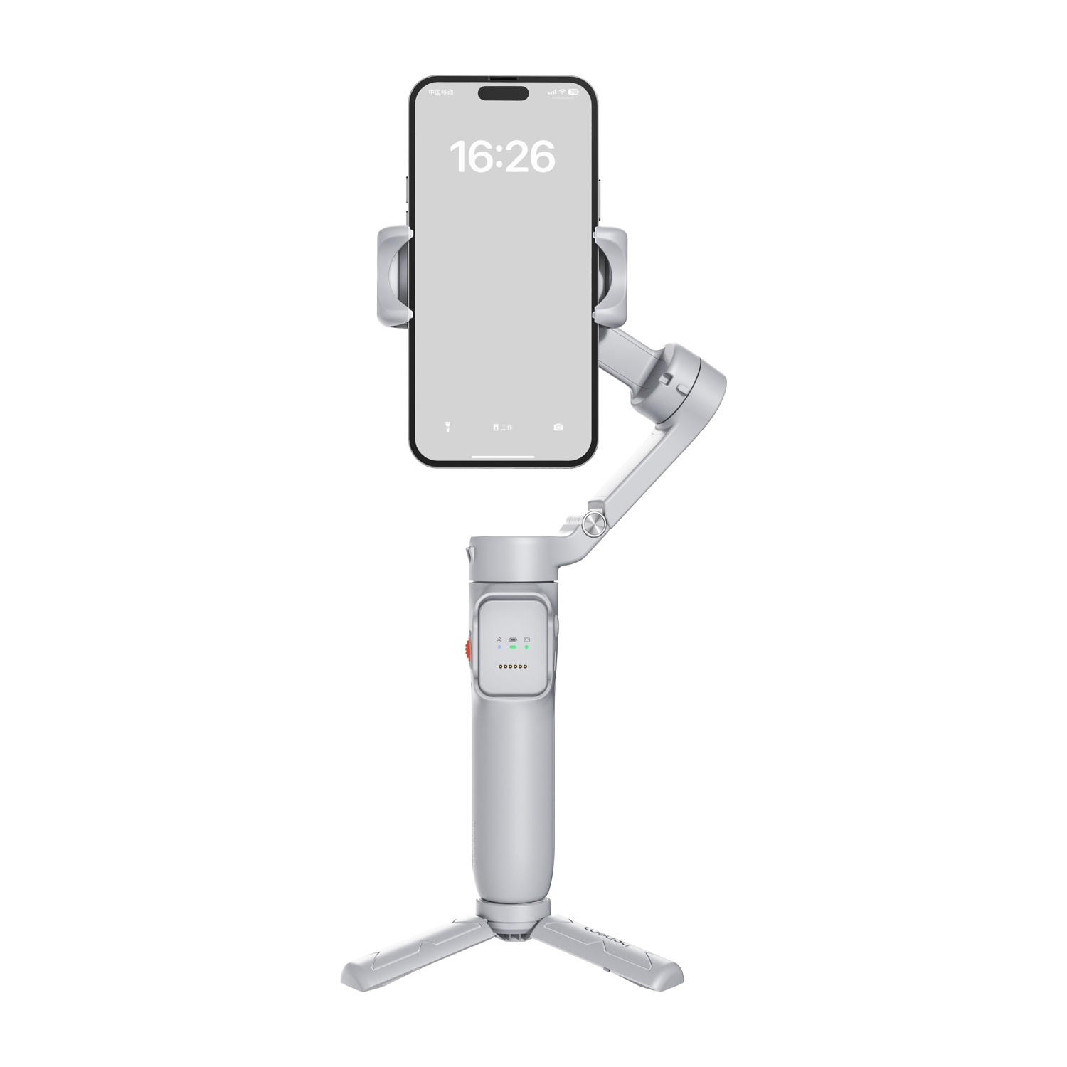 Un gimbal argentato per smartphone con base treppiede pieghevole e schermo vuoto.