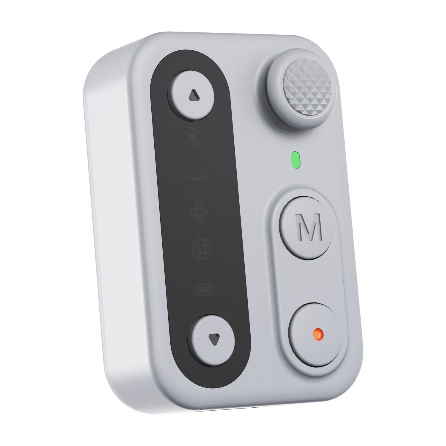 Un dispositivo bianco rettangolare con pulsanti e icone grigie.
