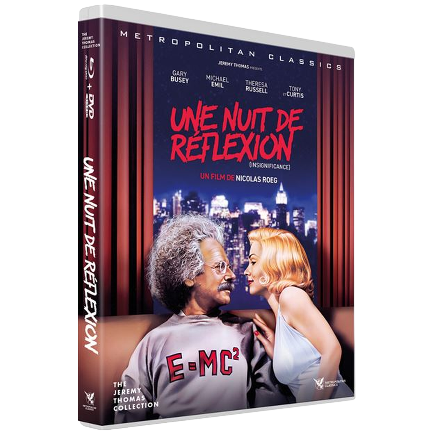 Dvd-hoes met Einstein-achtige man en vrouw tegen een stadsgezicht.
