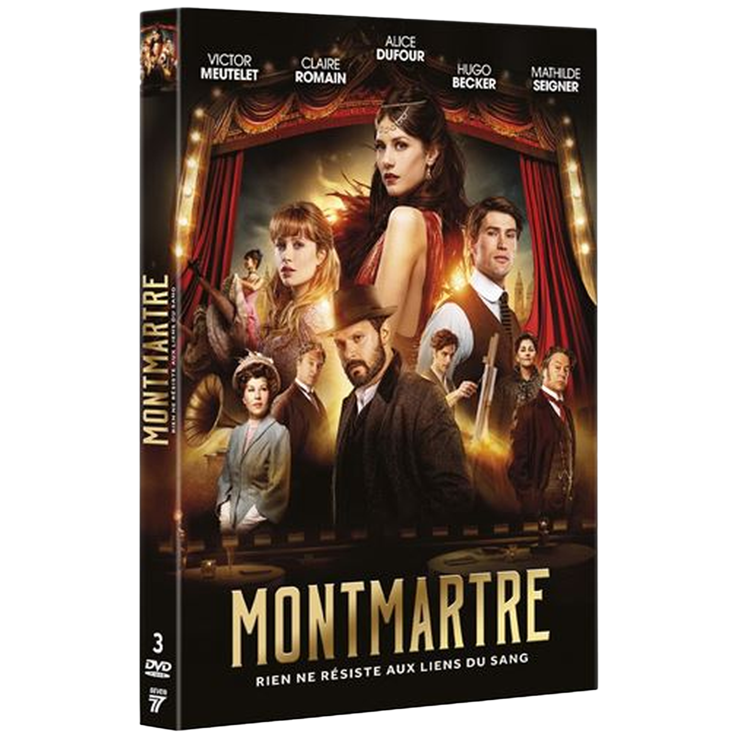 Affiche de film avec acteurs, titre "Montmartre" et rideaux de velours rouge.