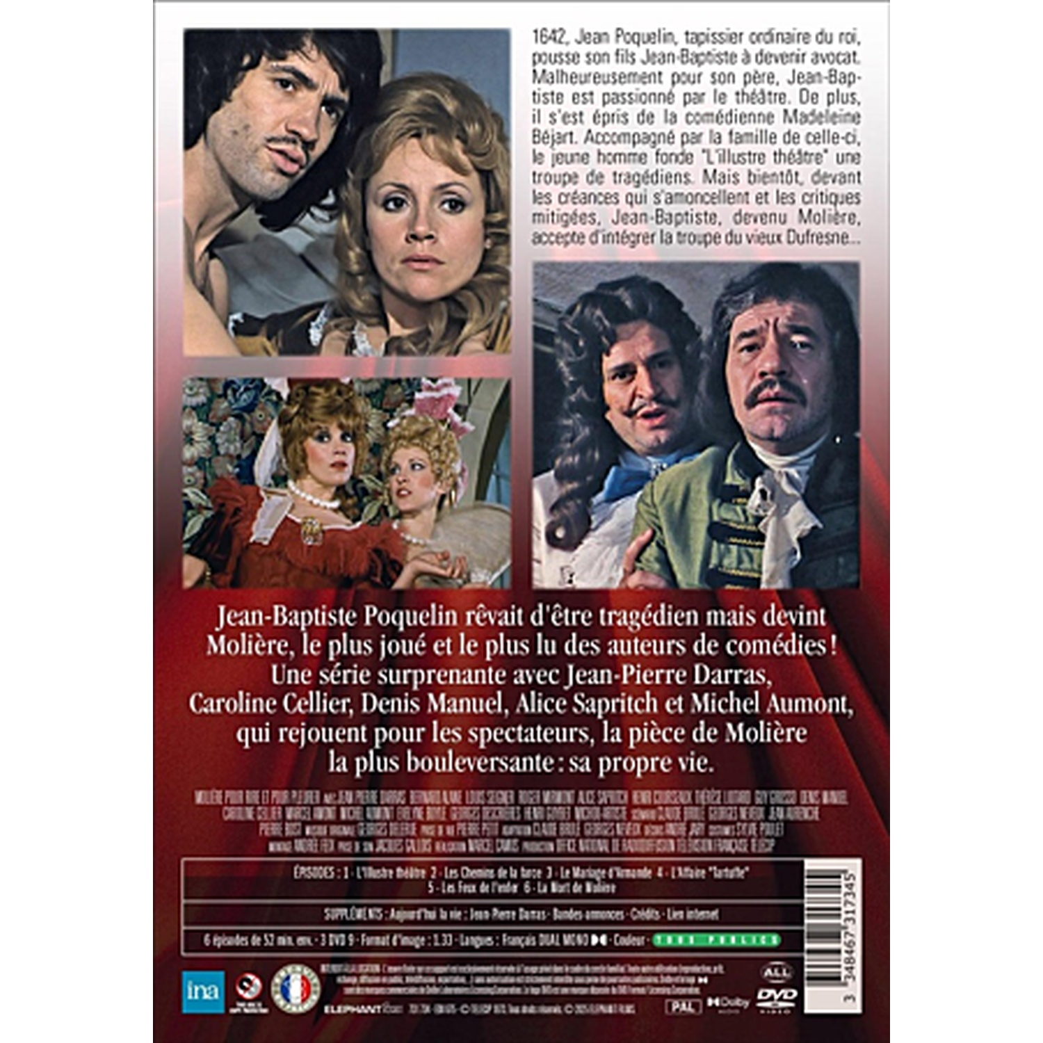 DVD cover with four actor images and text about a Molière series.