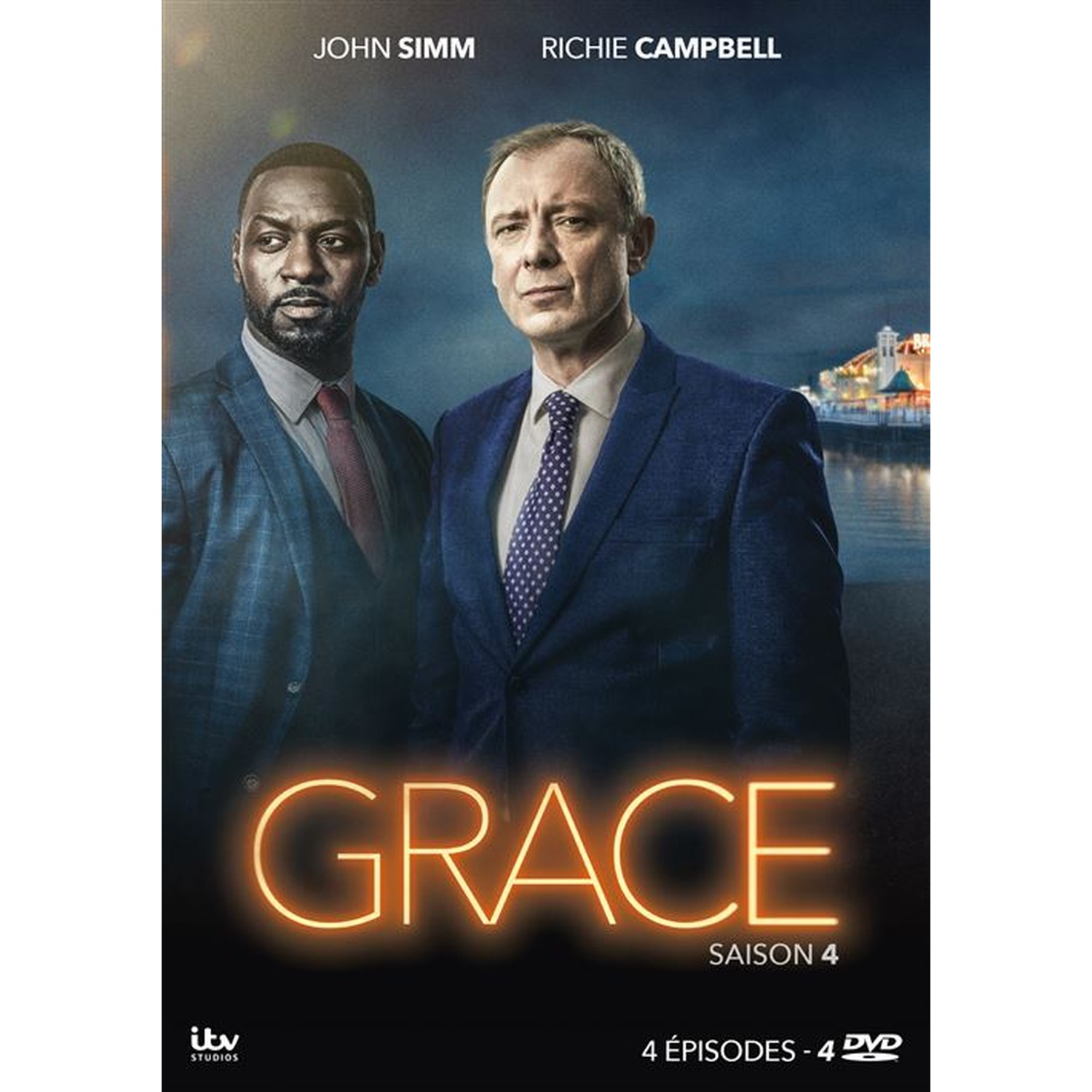 Two men in suits, title GRACE SEASON 4, with a pier in the background.