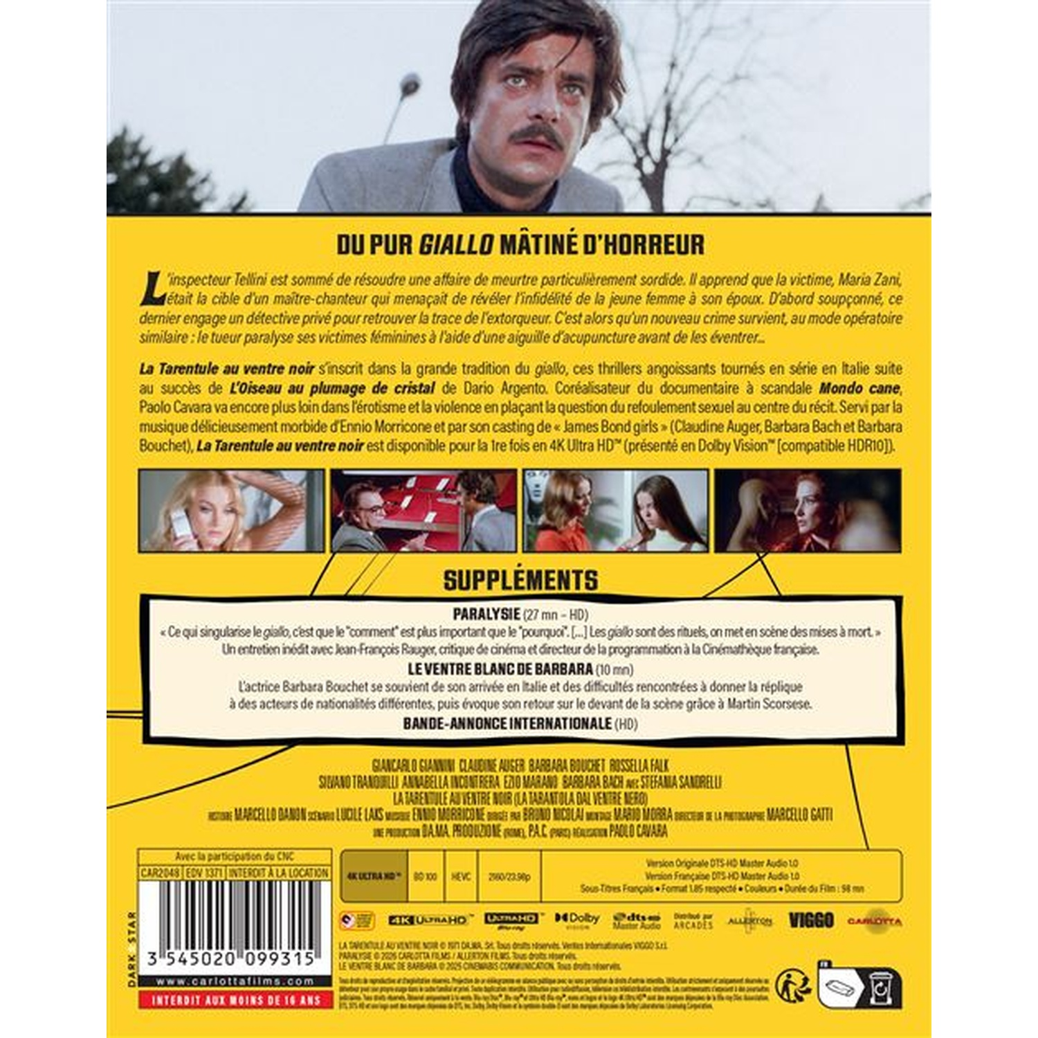 Movie poster for 'Du pur giallo matiné d'horreur' featuring a man in the foreground. Details below.