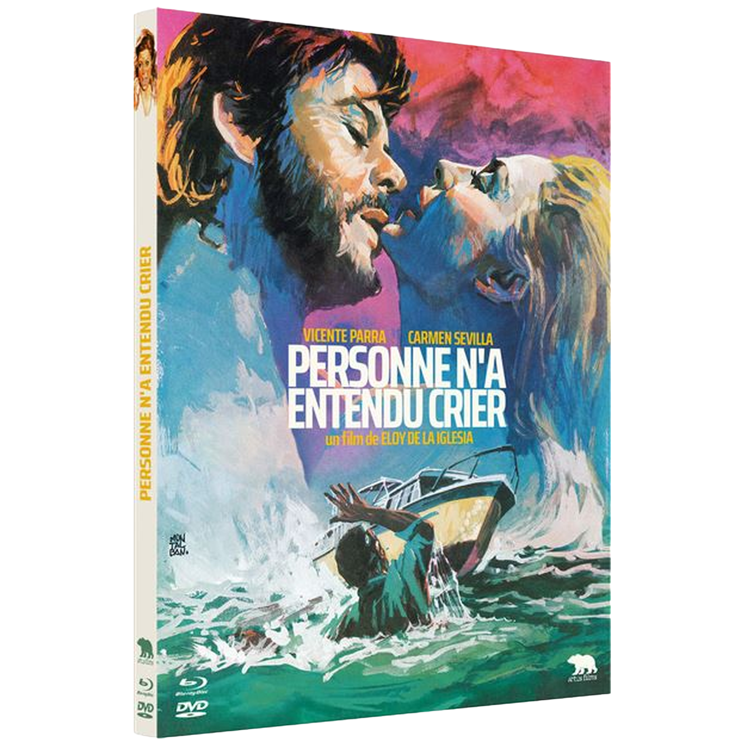 Een filmposter toont een stel dat elkaar kust boven een man in een stormachtige zee.