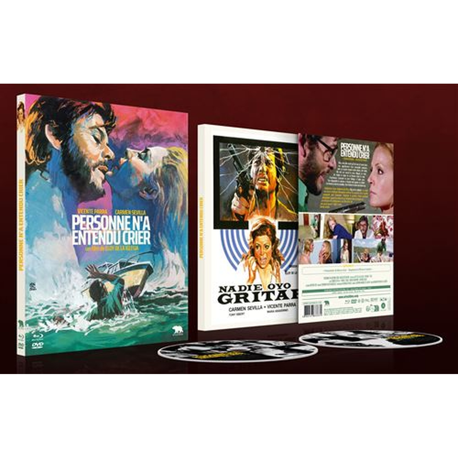 Twee filmhoezen en twee schijven, een met een man en vrouw, de andere met scènes.