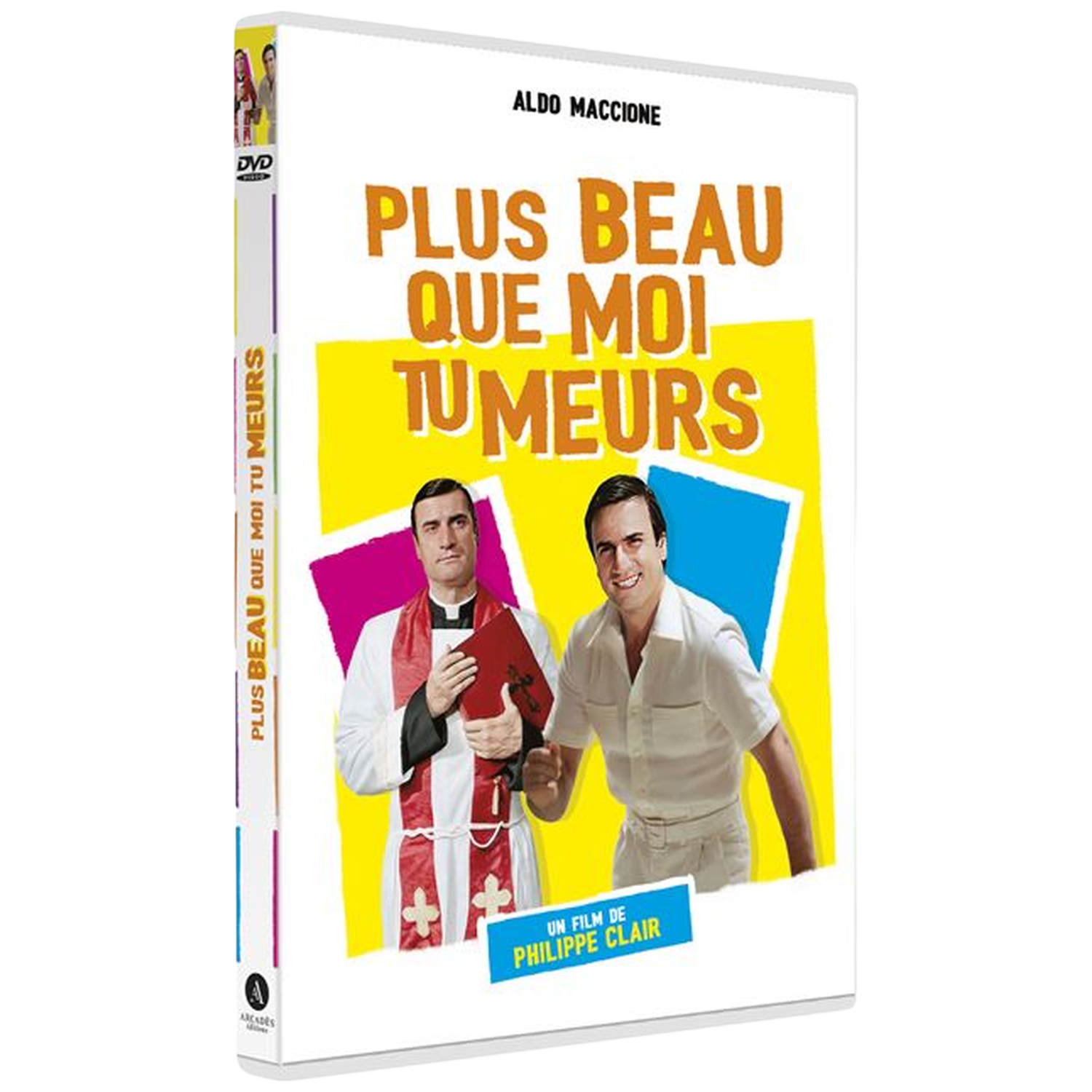 Jaquette DVD avec Aldo Maccione, un prêtre et un homme en chemise blanche.