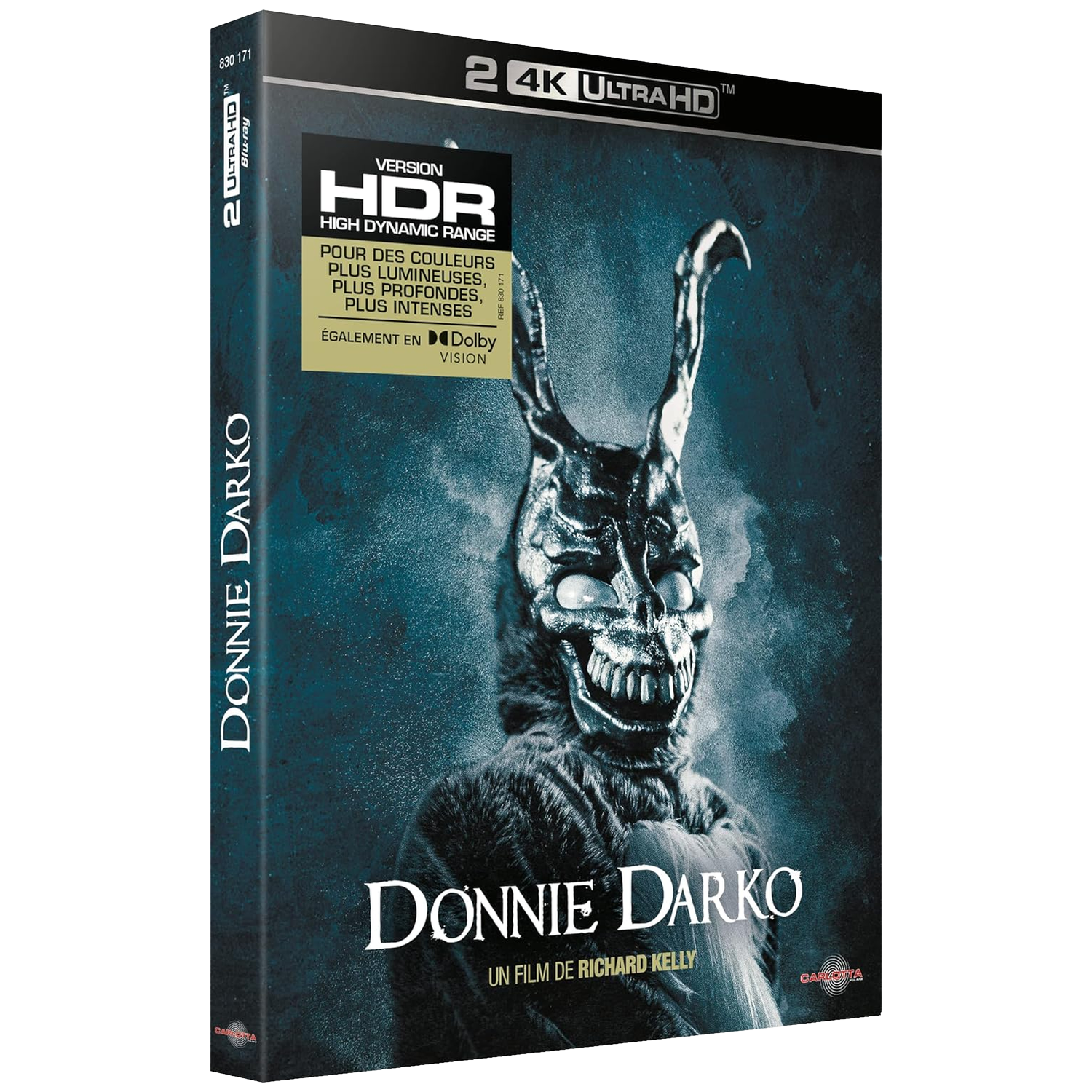 Couverture Blu-ray 4K UHD Donnie Darko avec masque de lapin et titre.