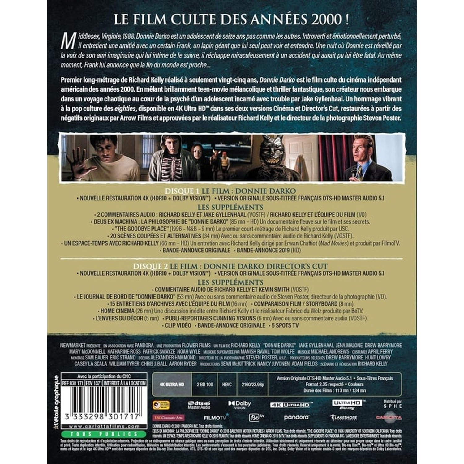 Couverture du film Donnie Darko avec texte et images montrant scènes et personnages.